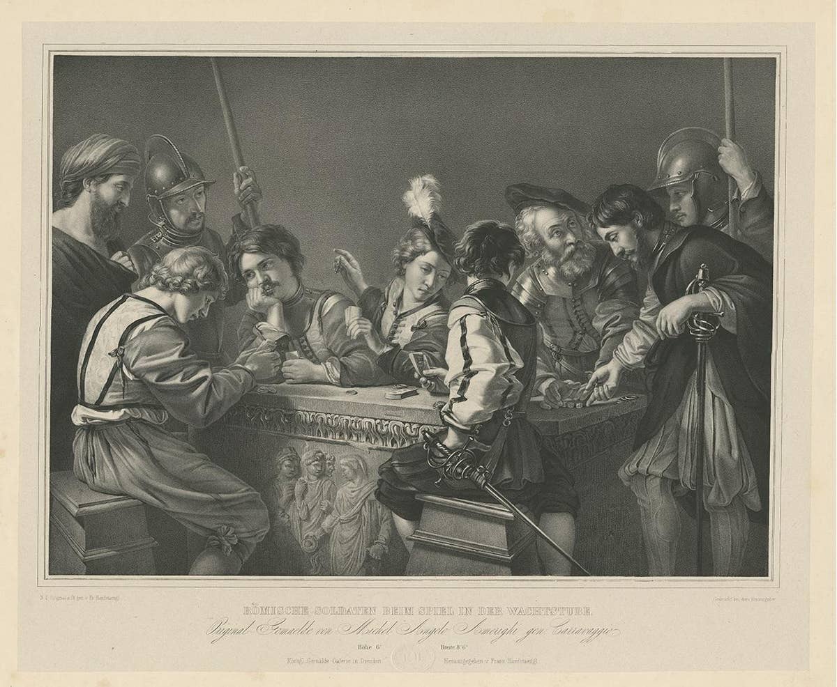 Antique Print of a Caravaggio Painting showing Soldiers Gambling, 'circa 1840'