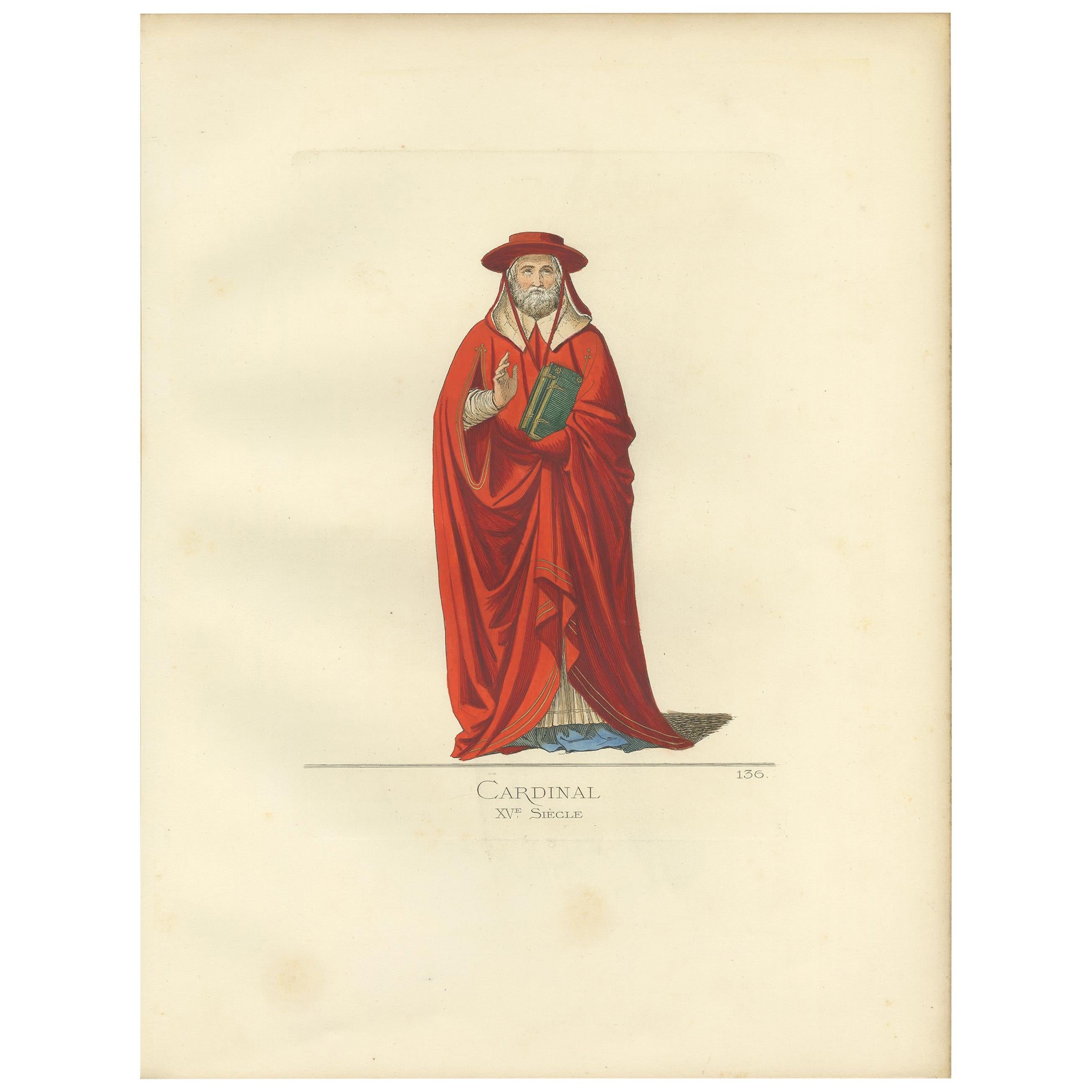 Antique print titled ‘Cardinal, XVe Siecle.’ Original antique print of a cardinal, 15th century. This print originates from 'Costumes historiques de femmes du XIII, XIV et XV siècle' by C. Bonnard. Published, 1860.