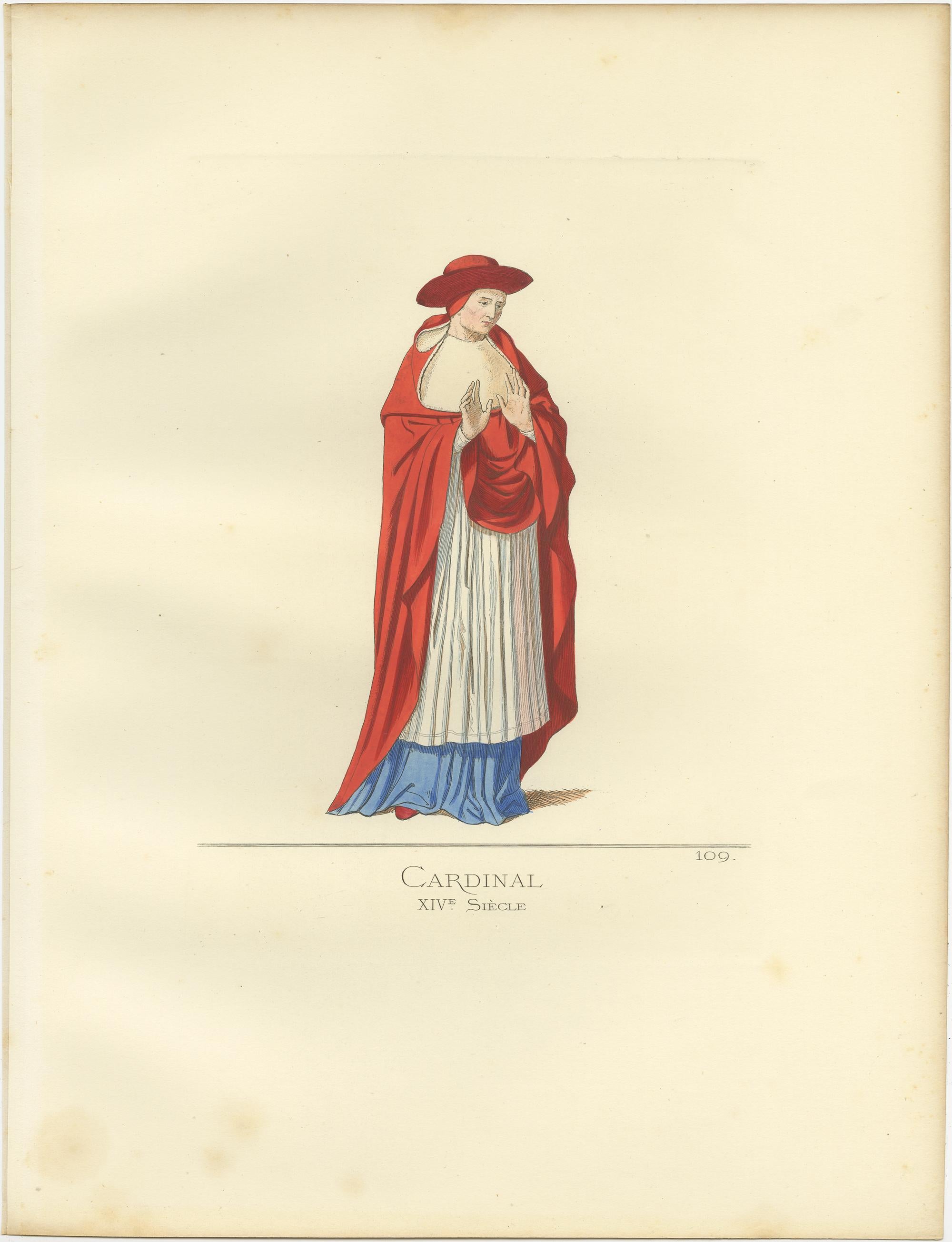 Antique print titled ‘Cardinal, XIVe Siecle.’ Original antique print of a cardinal, Italy, 14th century. This print originates from 'Costumes historiques de femmes du XIII, XIV et XV siècle' by C. Bonnard. Published, 1860.