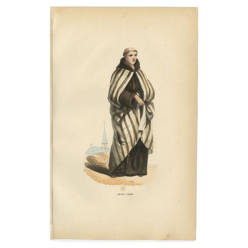 Antique Print of a Carmelite Monk in Old Handcoloring, 1845