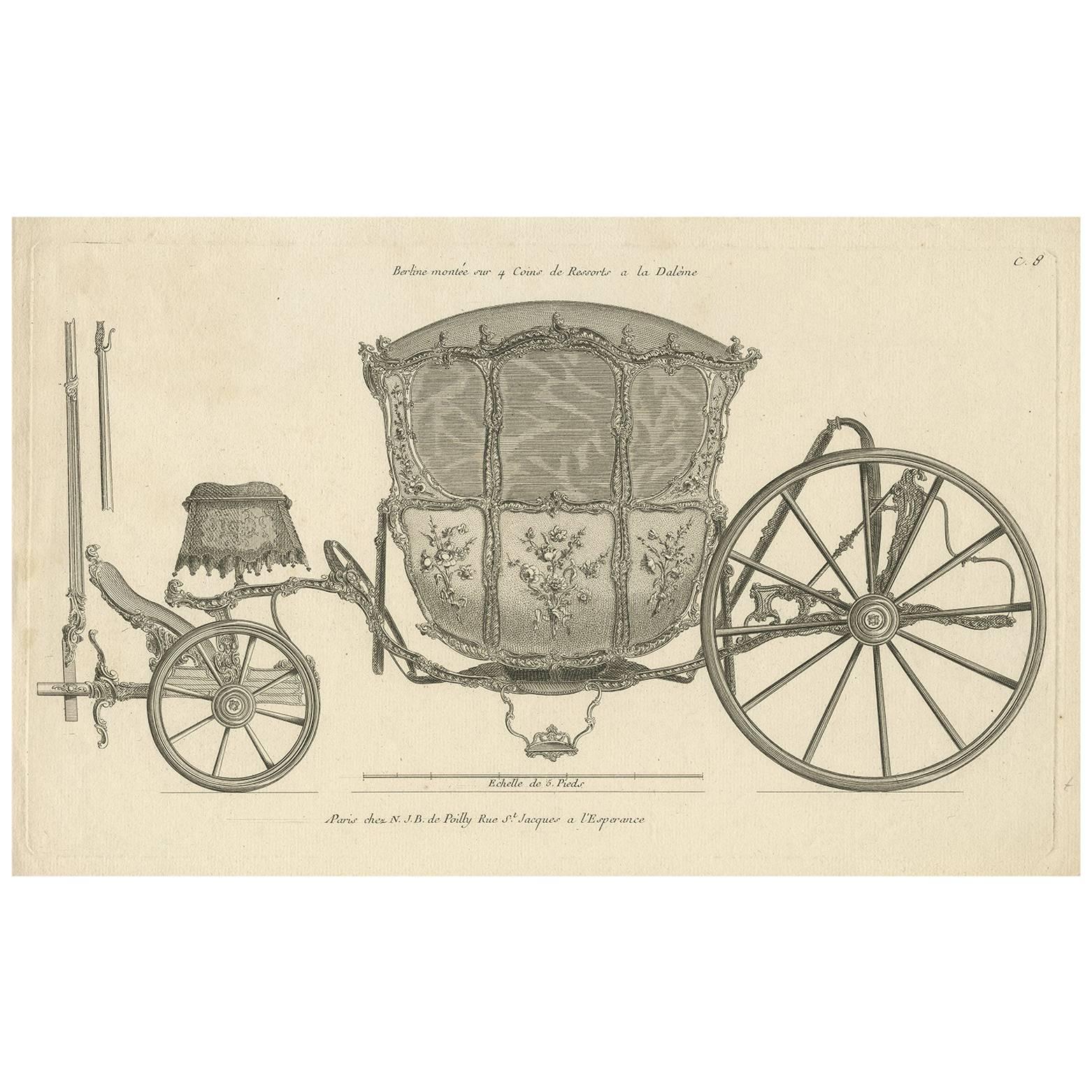 Antique Print of a Carriage by J.B. De Poilly, circa 1760 For Sale