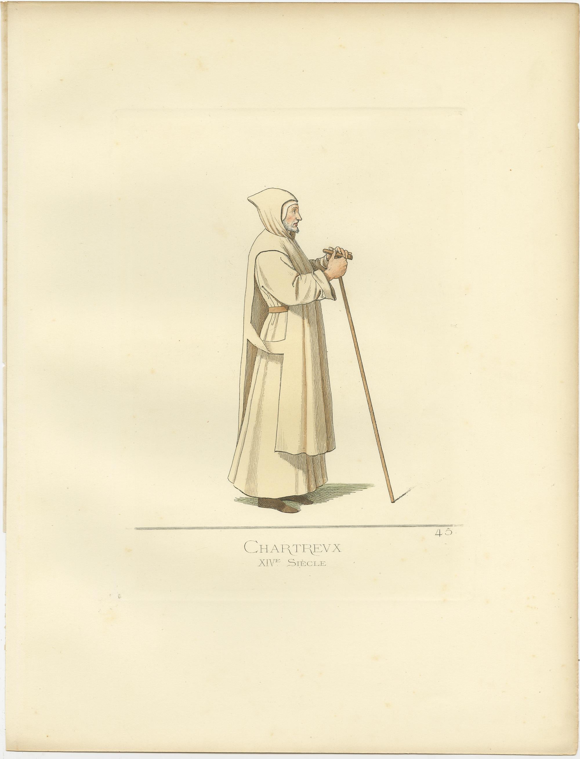The antique print titled 'Chartreux, XIVe Siecle' is a historically significant representation of a Carthusian monk from the 14th century. This print is an original antique illustration originating from 'Costumes historiques de femmes du XIII, XIV