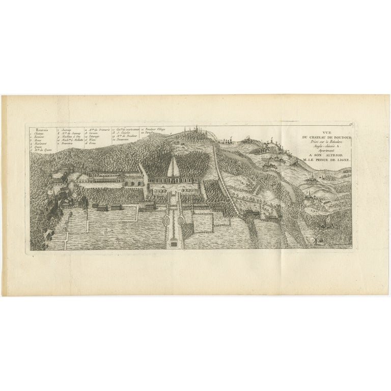 Antique print titled 'Vue du Chateau de Boudour (..)'. Copper engraving of a castle and garden. Includes a French legend. This print originates from 'Jardins Anglo-Chinois à la Mode' by Georg Louis le Rouge. Artists and Engravers: The work of Le