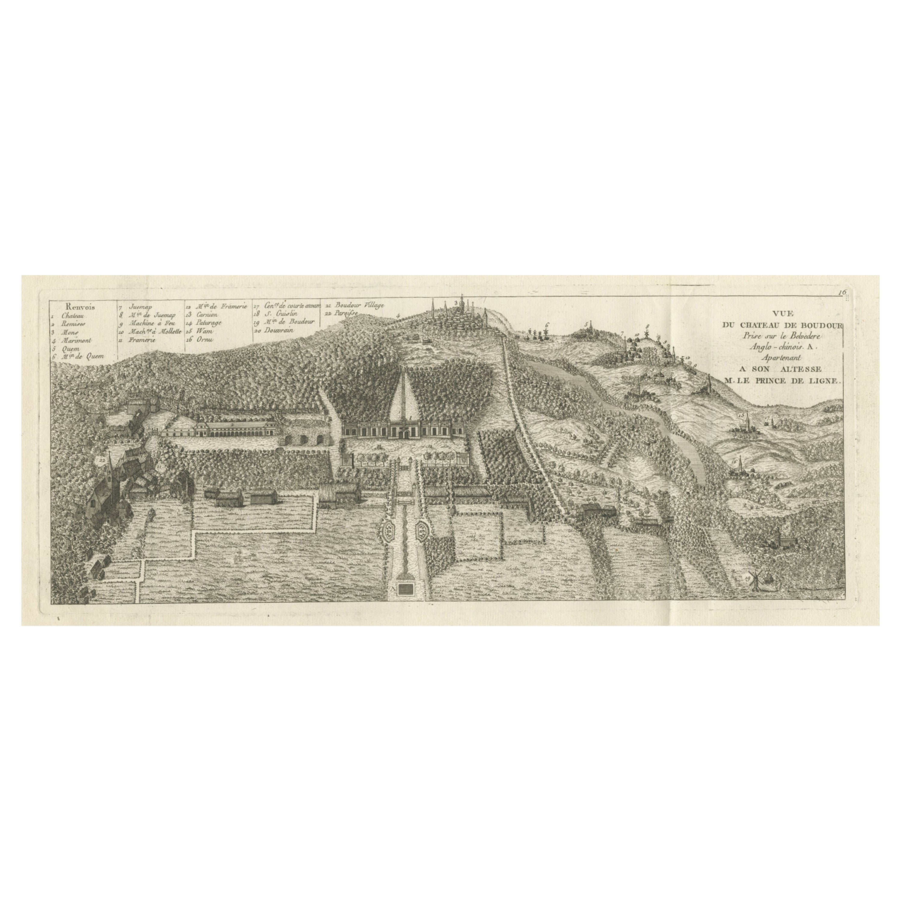 Antiker Druck eines Schlosses oder Château de Baudour, Hennegau, Belgien, ca. 1785