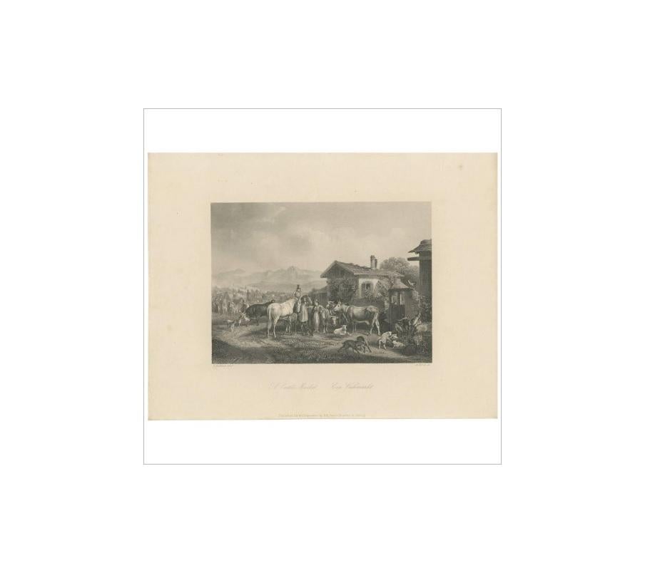 XIX secolo Stampa antica di un mercato del bestiame di A. Carse, 1850 circa in vendita