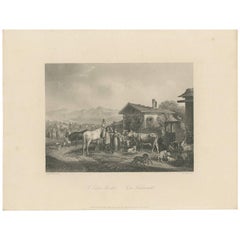 Stampa antica di un mercato del bestiame di A. Carse, 1850 circa