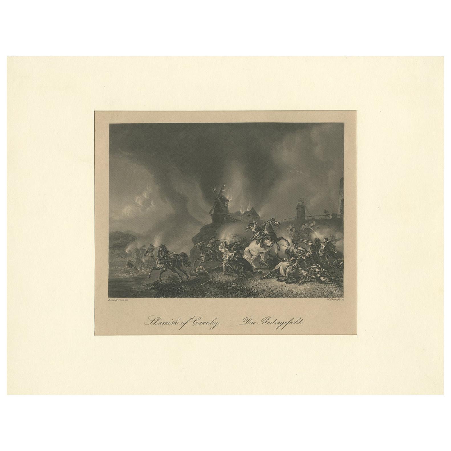 Impression ancienne d'une scène de bataille de cavalerie par Heawood, datant d'environ 1860
