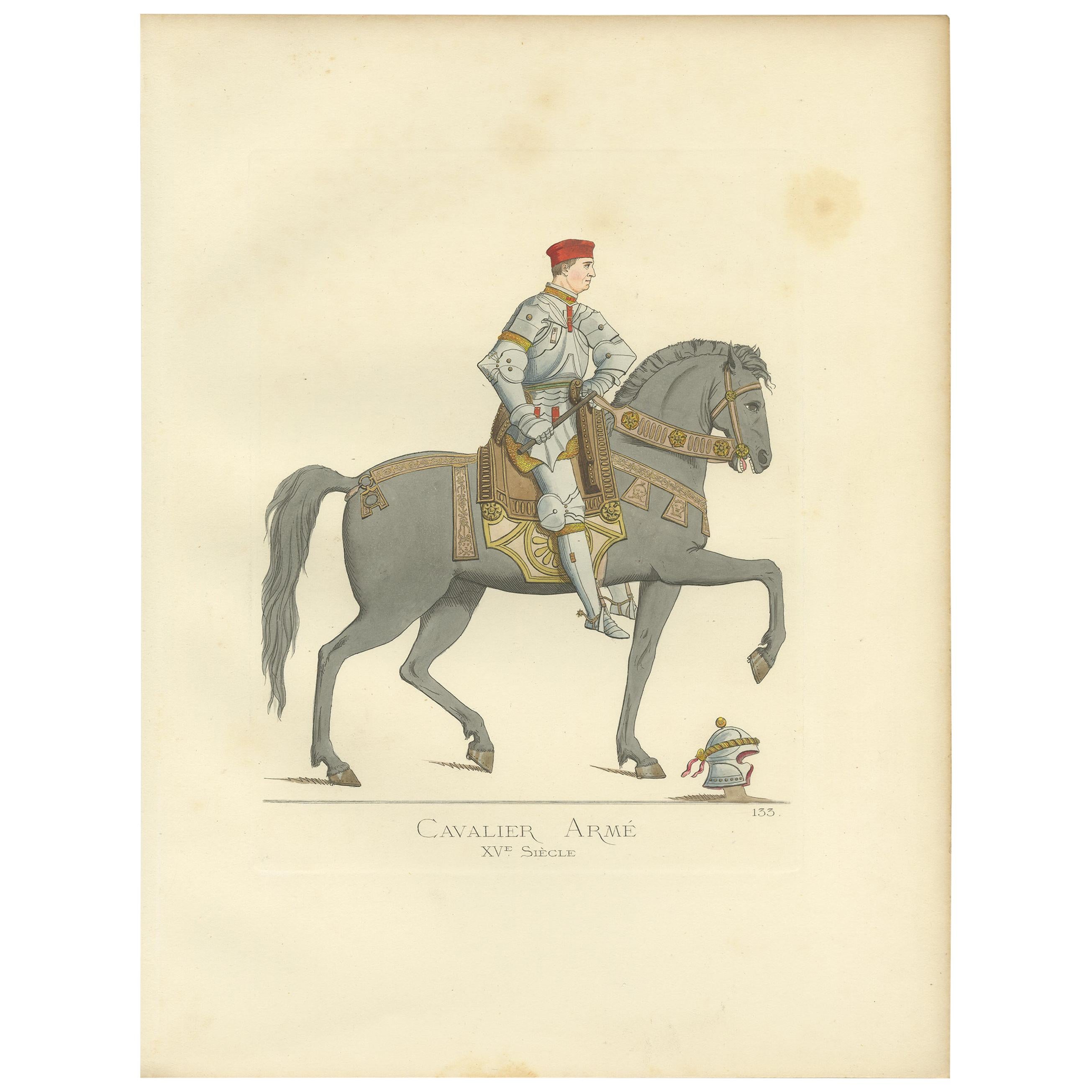 Antique print titled 'Cavalier Arme, XVe Siecle.’ Original antique print of a cavalry soldier, Italy, 15th century. This print originates from 'Costumes historiques de femmes du XIII, XIV et XV siècle' by C. Bonnard. Published, 1860.