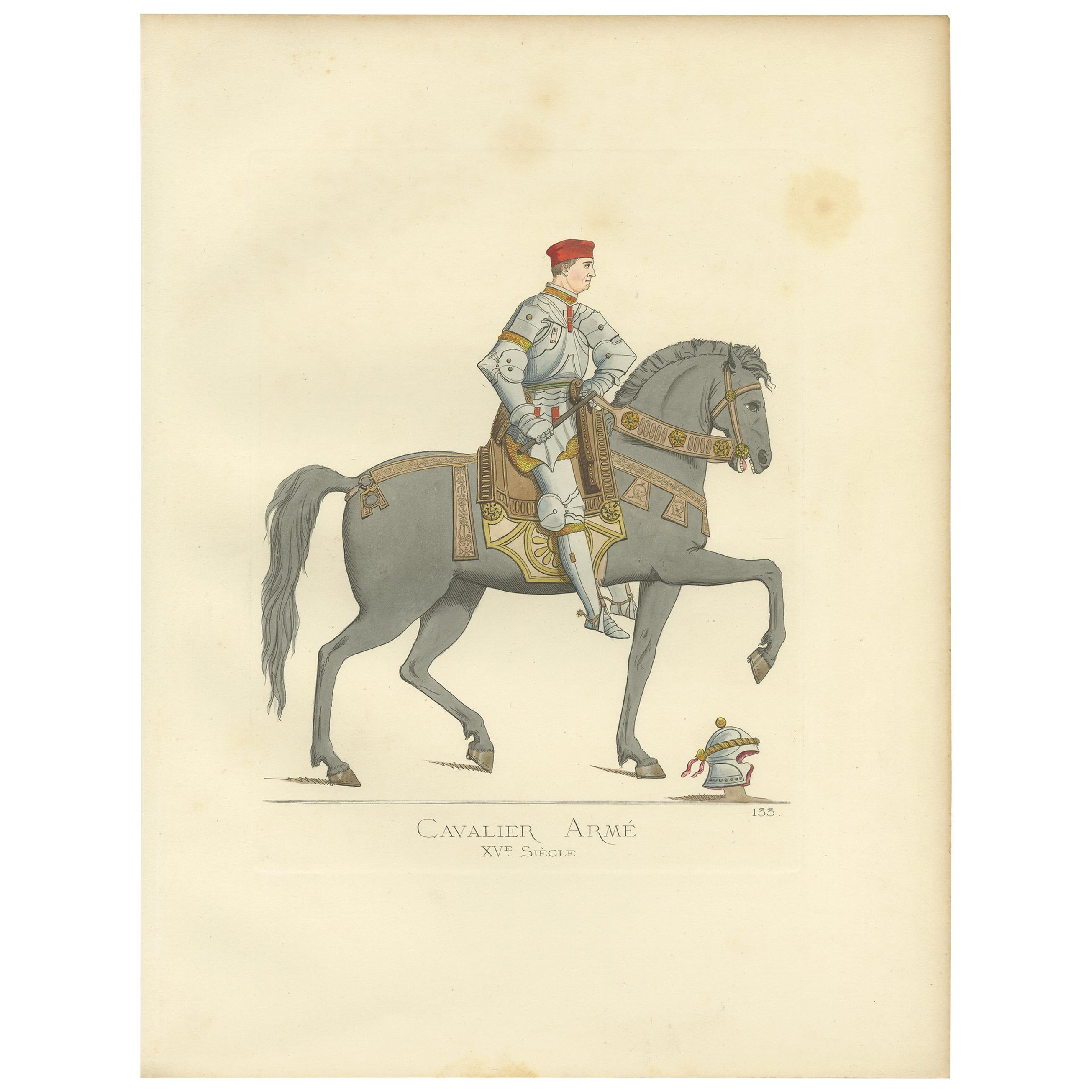 Impression ancienne d'un soldat de cavalerie, Italie, 15e siècle, par Bonnard, 1860