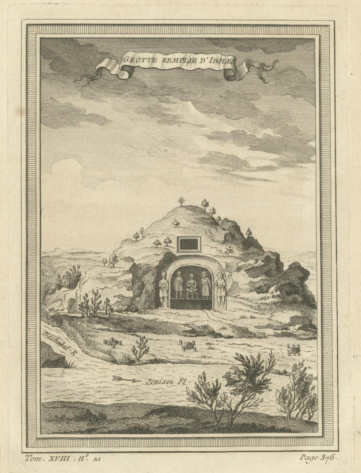 Papier Impression ancienne d'une grotte près de la rivière Yenisei en Sibérie, Russie, 1768 en vente
