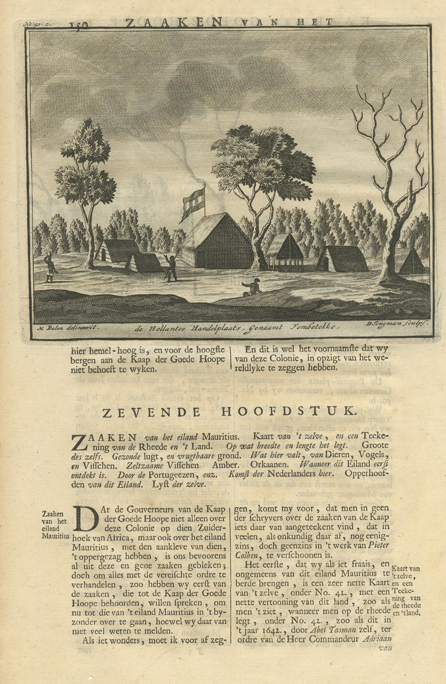 Two images depicting Madagascar, Africa. The first image shows a Dutch trading post called 'Fombetokke'. The second image, on verso, depicts a cemetery. This print originates from 'Oud en Nieuw Oost-Indiën' by F. Valentijn.