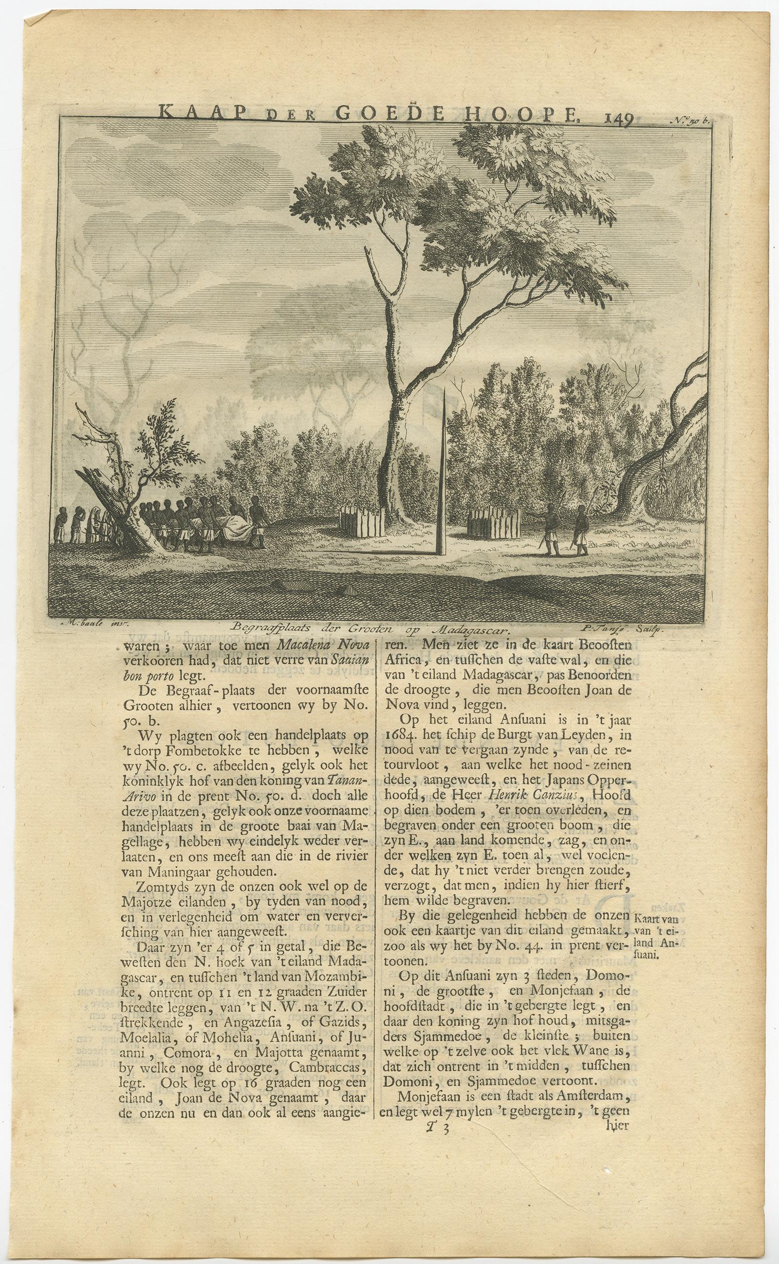 Antiker antiker Druck eines Friedhofs und einer Handelspost in Madagaskar von Valentijn, 1726 (18. Jahrhundert) im Angebot