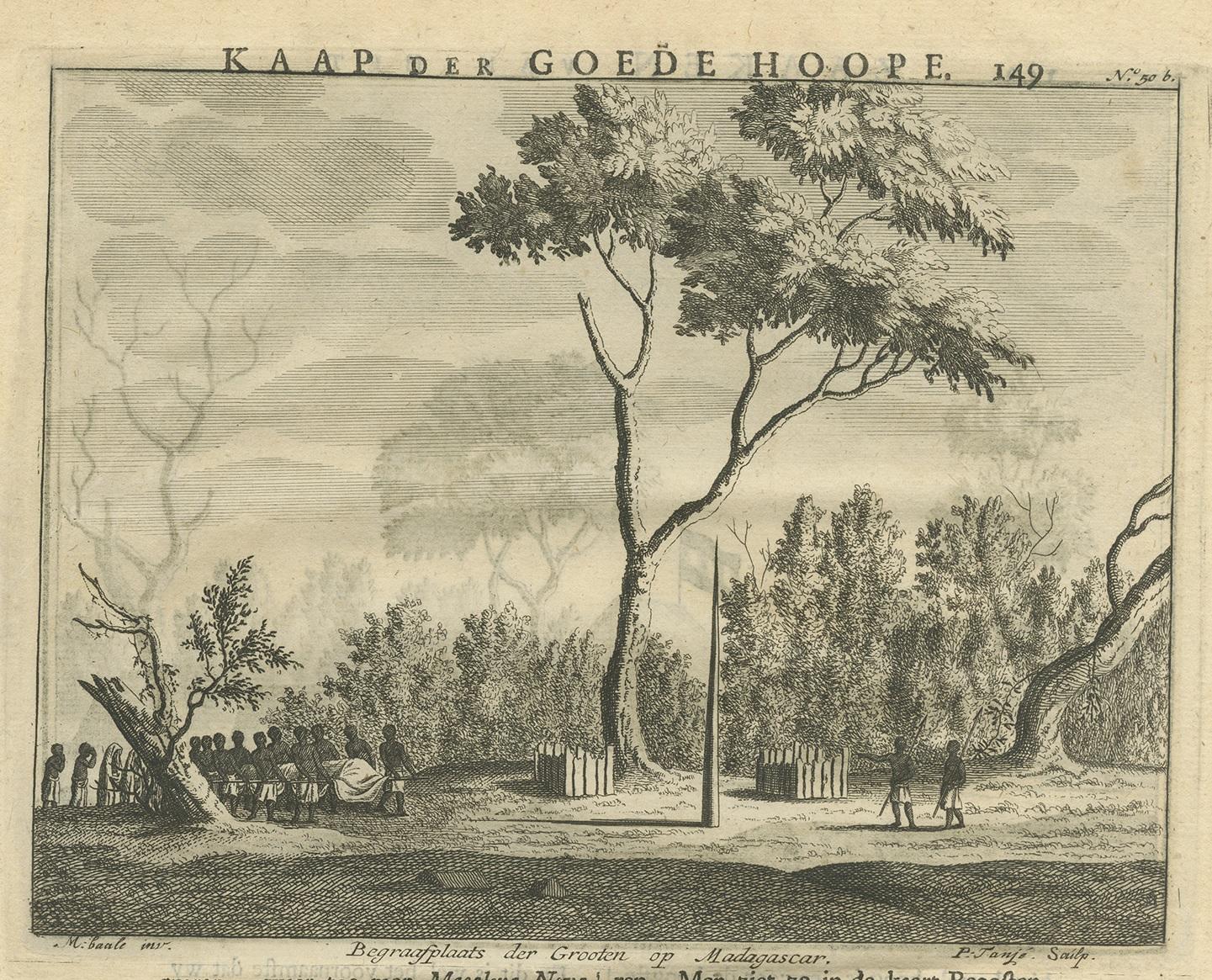 Antiker antiker Druck eines Friedhofs und einer Handelspost in Madagaskar von Valentijn, 1726 im Angebot 2