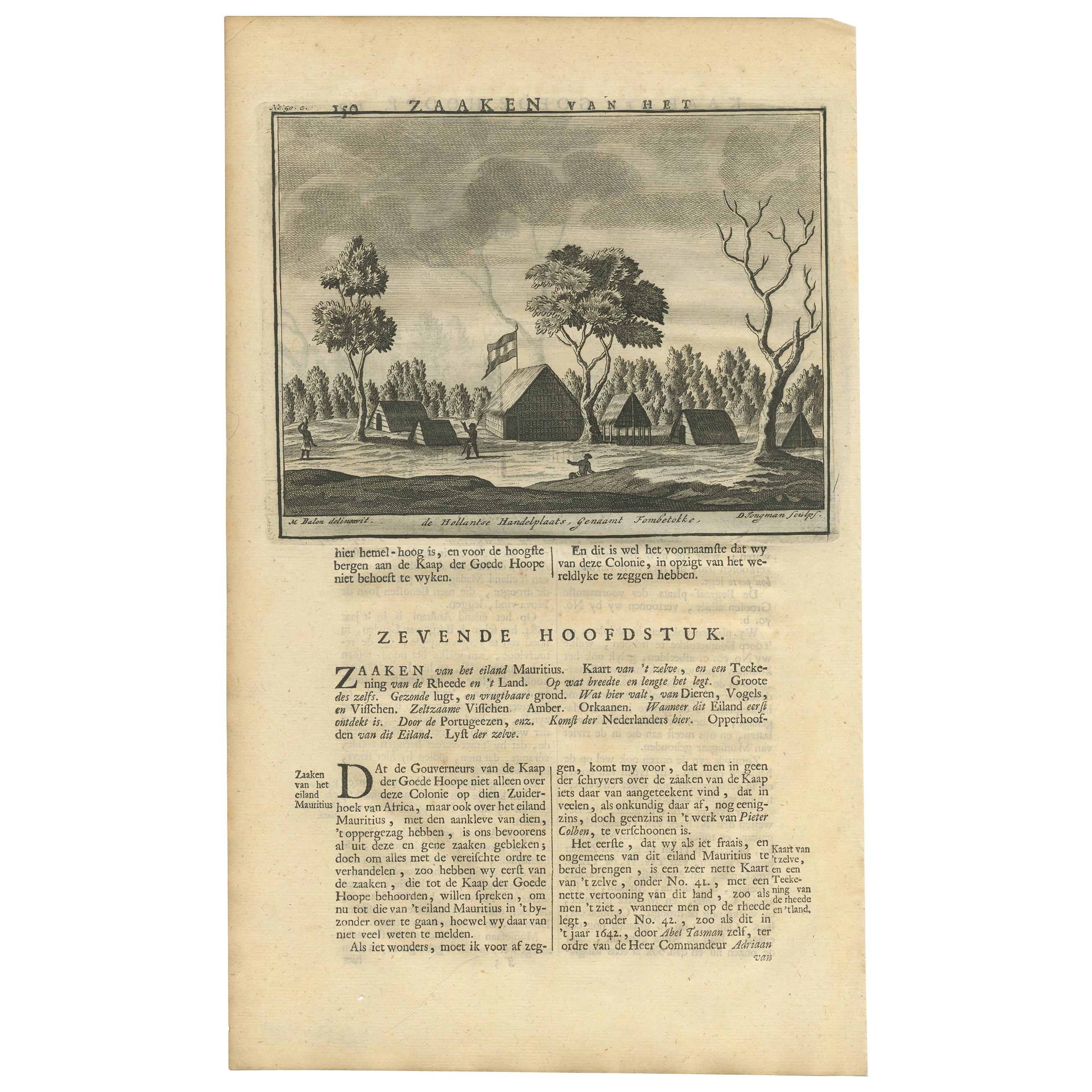 Antiker antiker Druck eines Friedhofs und einer Handelspost in Madagaskar von Valentijn, 1726 im Angebot