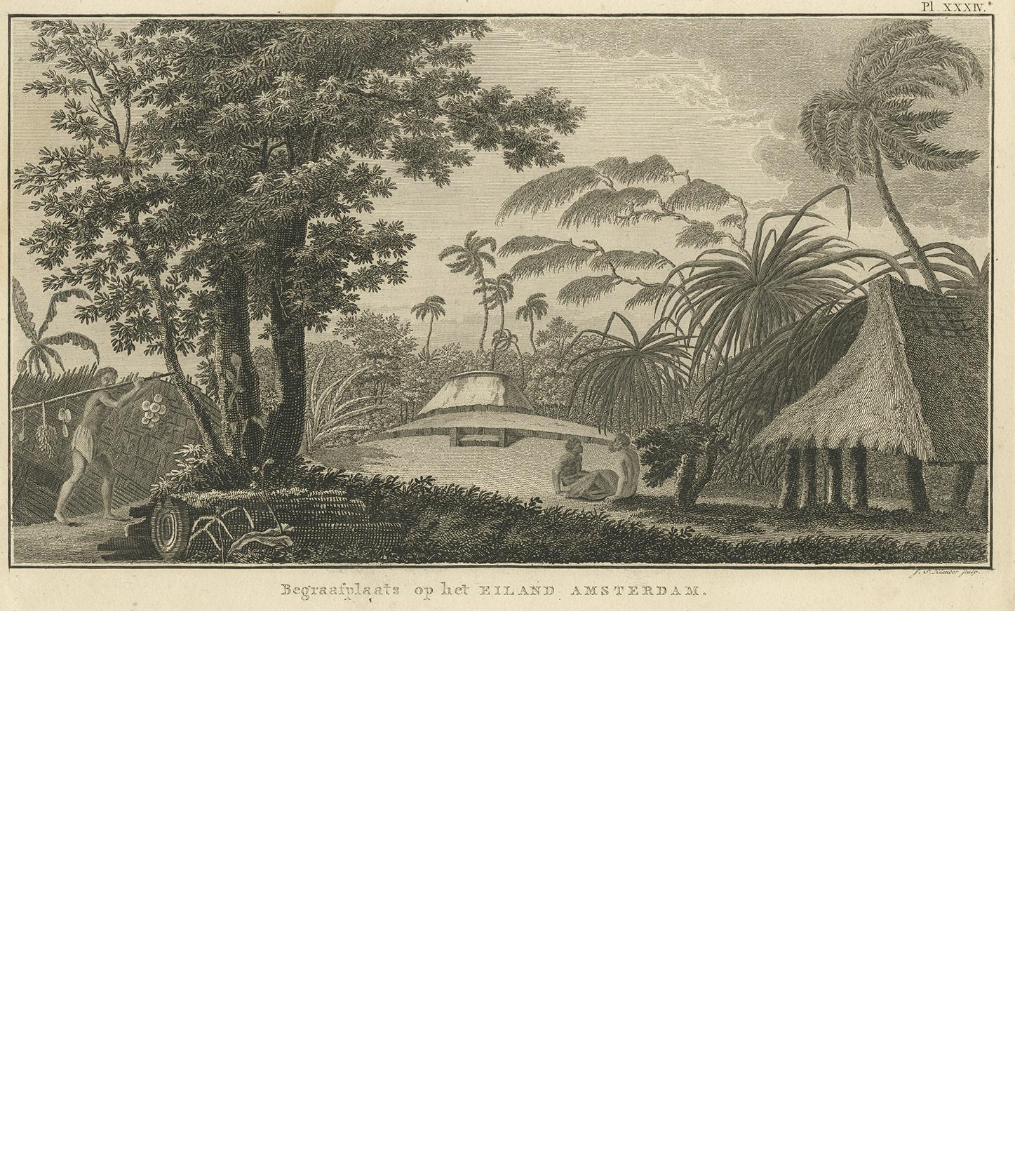 Antique print titled 'Begraafplaats op het EIland Amsterdam'. Engraved view of a local cemetery on Amsterdam Island, a small French territory in the southern Indian Ocean. Engraved by J.S. Klauber.
