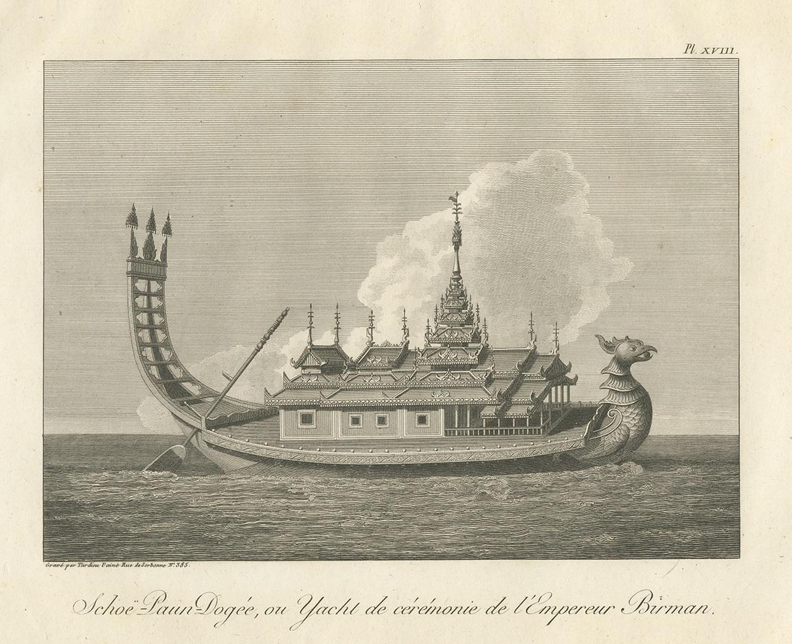 Antique print titled 'Schoe-Paum-Dogée, ou Yacht de cérémonie de l'Empereur Birman'. Print of a ceremonial yacht of the Burmese Emperor. This print originates from 'Relation de l'Ambassade Anglaise, envoyée en 1795 dans le Royaume d'Ava, ou l'Empire