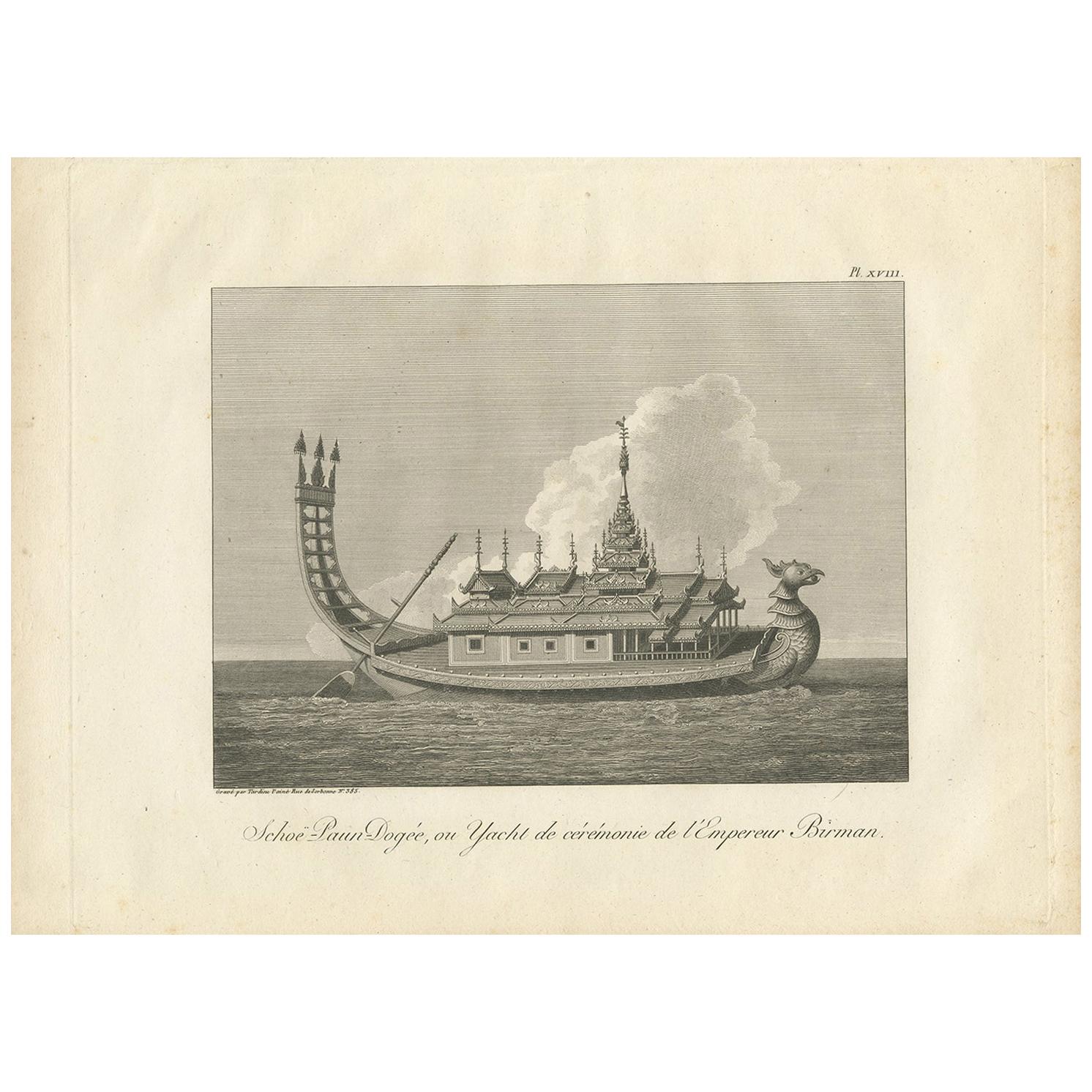 Antique Print of a Ceremonial Yacht of the Burmese Emperor by Symes, '1800' For Sale
