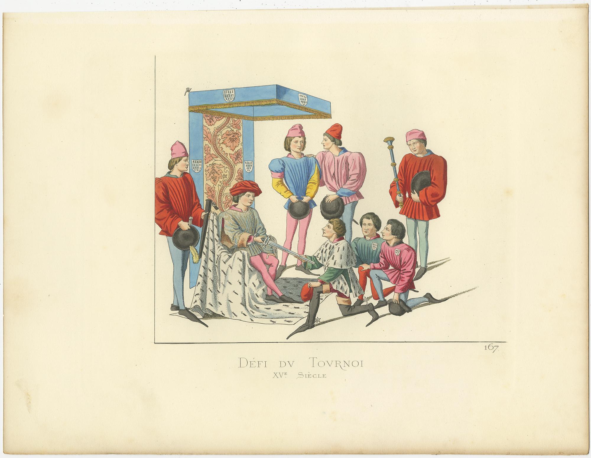 Antique print titled ‘Defi du Tournoi, XVe Siecle.’ Original antique print of a challenge at the tournament, 15th century. This print originates from 'Costumes historiques de femmes du XIII, XIV et XV siècle' by C. Bonnard. Published, 1860.