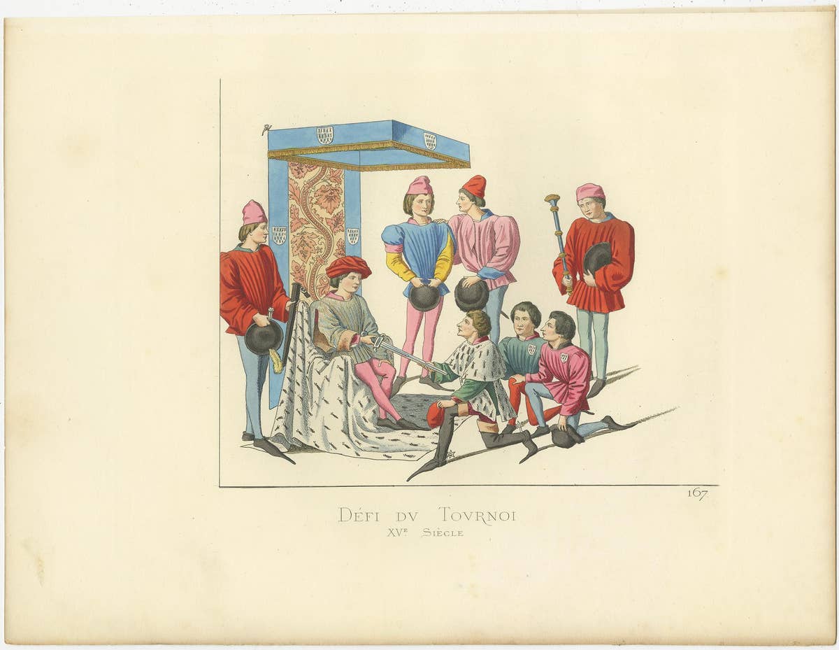 Antique Print of a Challenge at the Tournament, by Bonnard, 1860