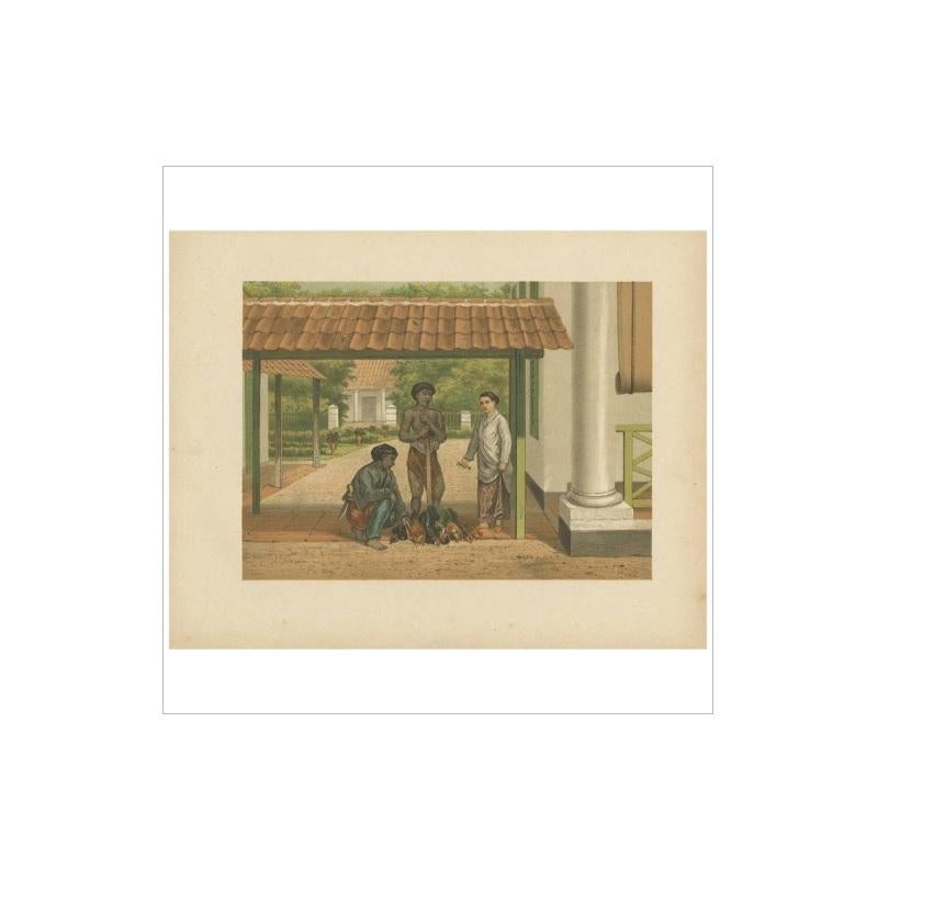 Antique Print of a Chicken Salesman in Batavia by M.T.H. Perelaer, 1888 In Good Condition For Sale In Langweer, NL