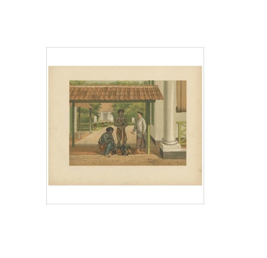 Stampa antica di un venditore di polli a Batavia di M.T.H. Perelaer, 1888 In condizioni buone in vendita a Langweer, NL