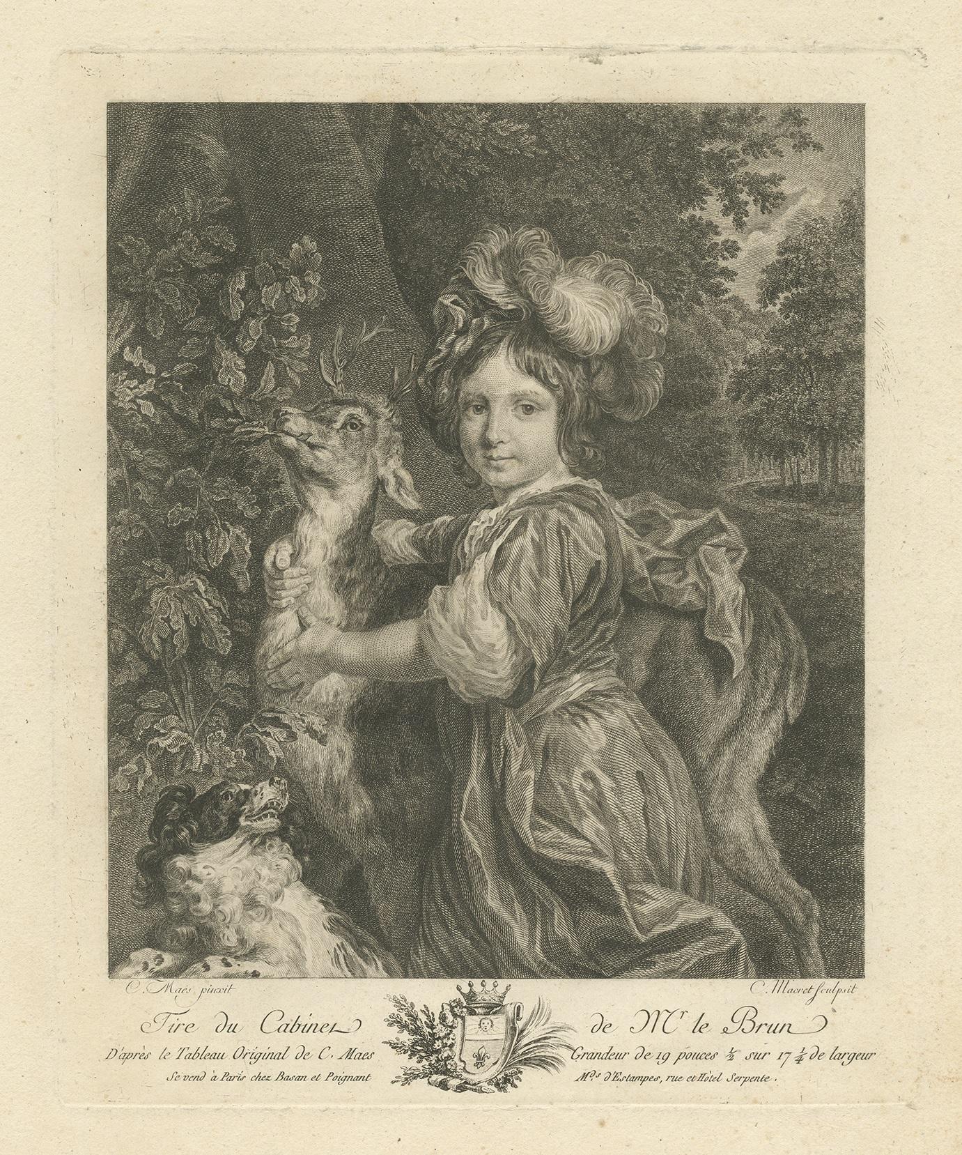 Antique print titled 'Tire du cabinet de Mr. le Brun, d'après le Tableau original de C. Maes'. Engraving after the original painting by Nicolaes Maes. Scene of a child with his arms around the neck of a deer, and a dog yapping at his feet. This