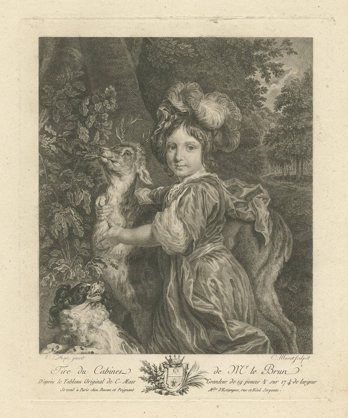 Antique Print of a Child, Deer and a Dog by Le Brun 1792