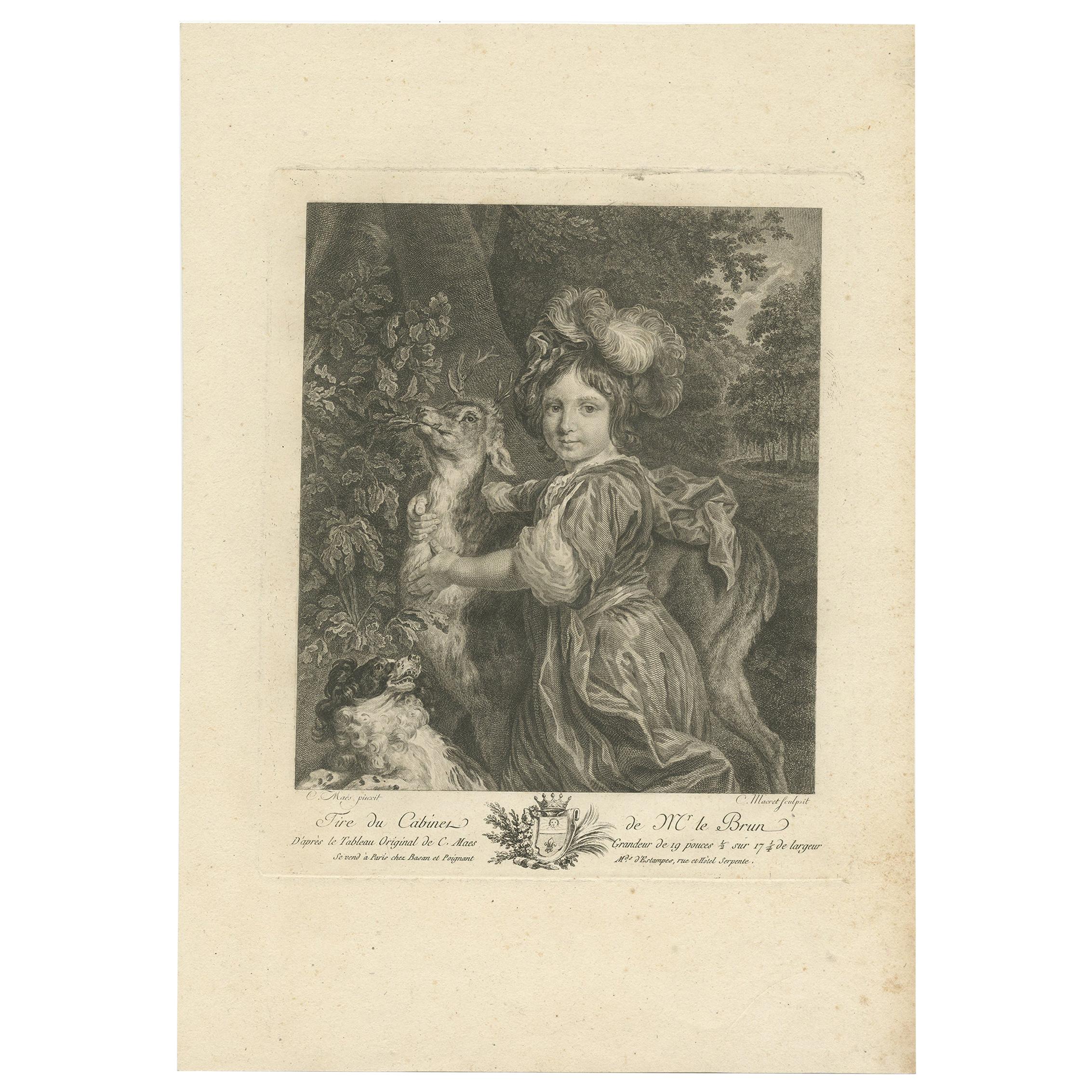 Antique Print of a Child, Deer and a Dog by Le Brun '1792' For Sale