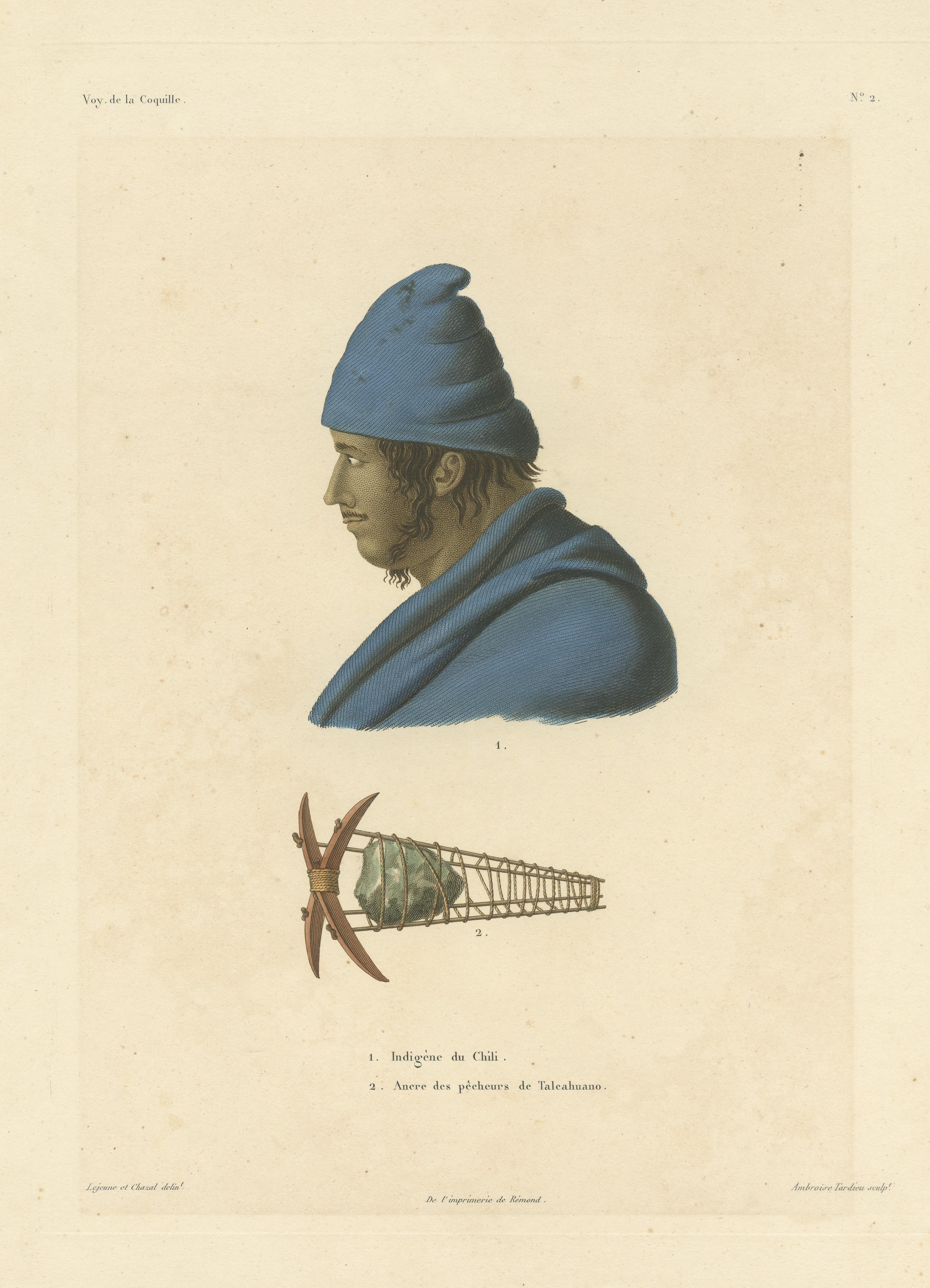 Antique Print of a Chilean Indian and Fisherman's Anchor In Good Condition For Sale In Langweer, NL