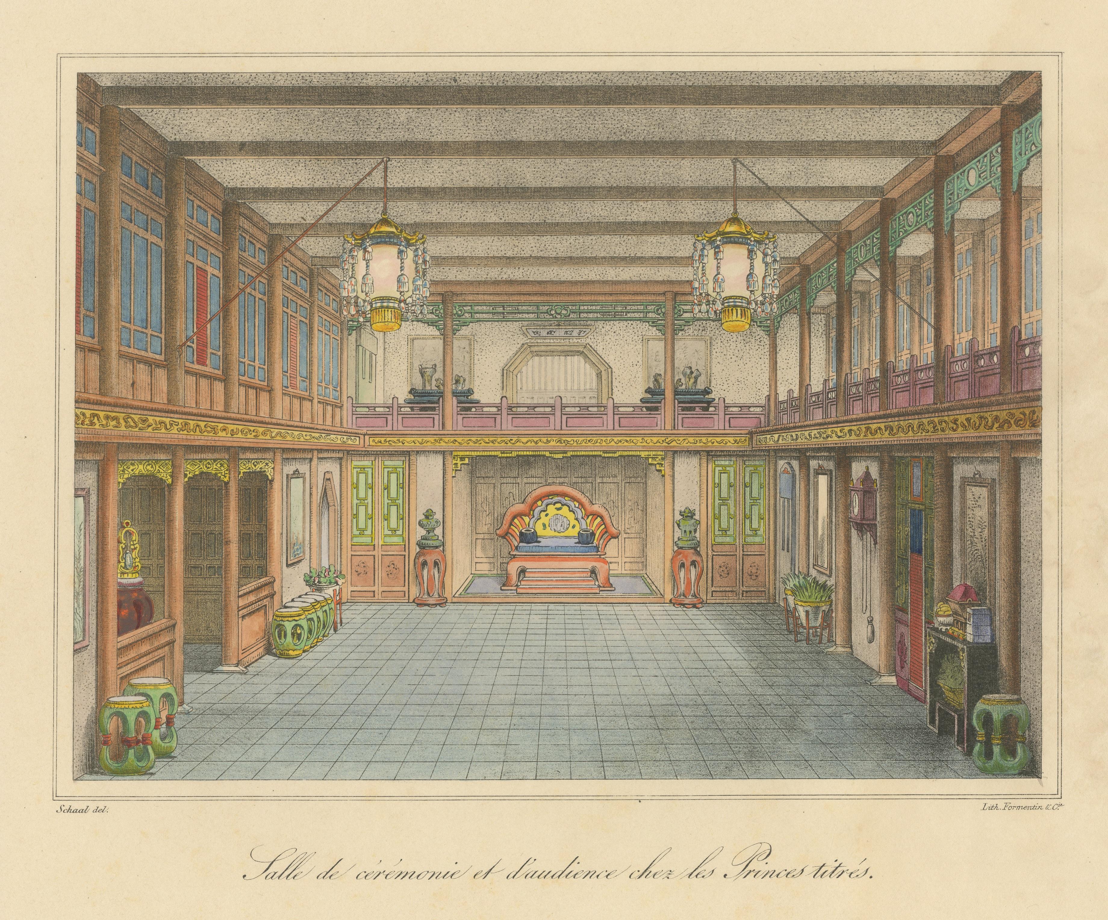Antique Print of a Chinese Ceremonial and Audience Hall In Fair Condition For Sale In Langweer, NL
