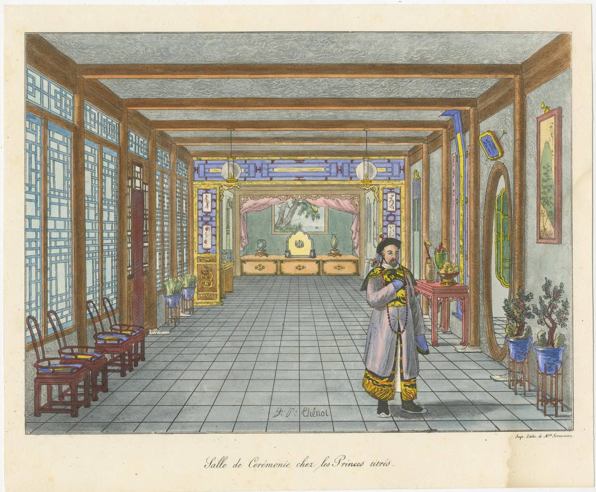 Antique Print of a Chinese Ceremony Hall