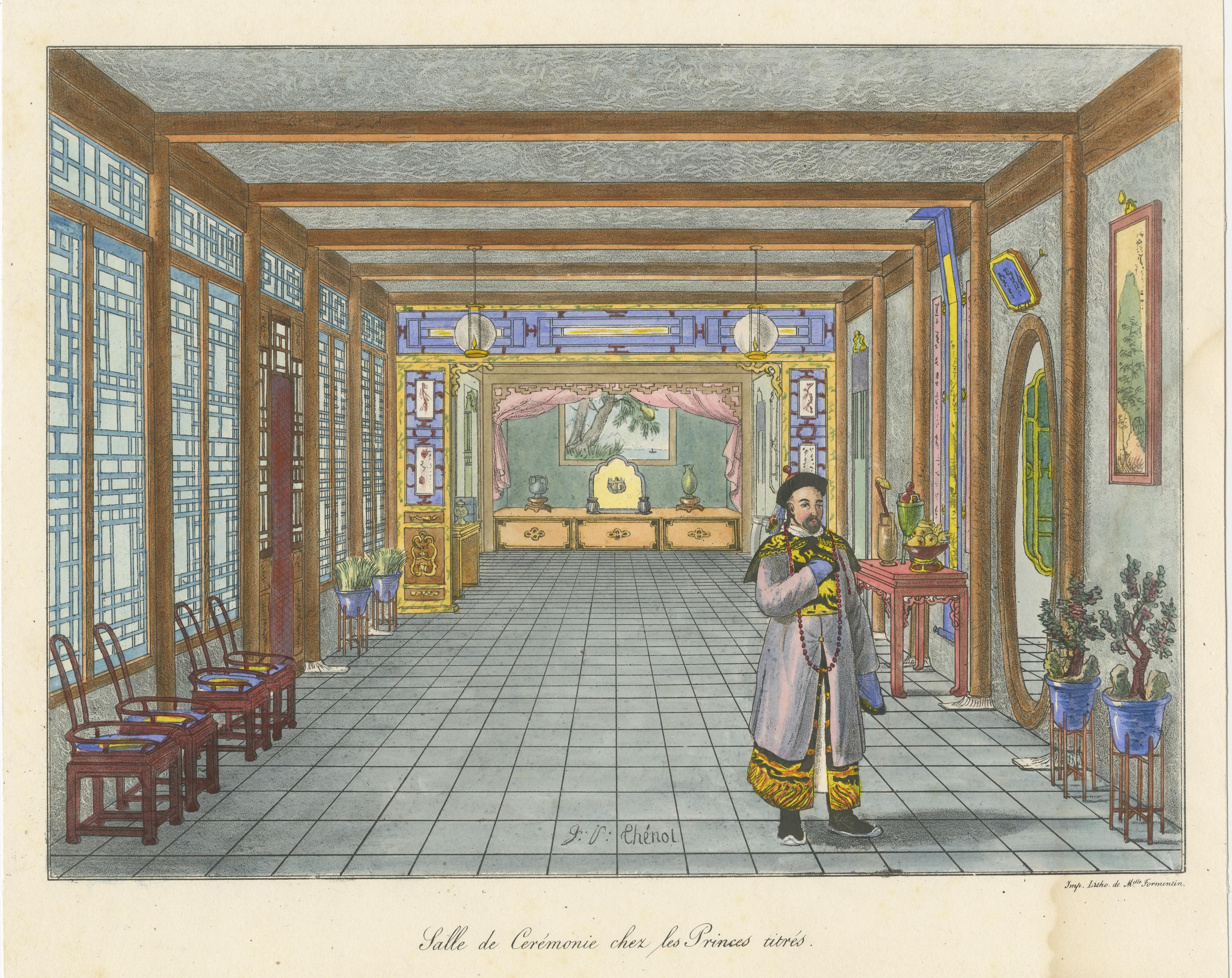 Antique Print of a Chinese Ceremony Hall In Fair Condition For Sale In Langweer, NL