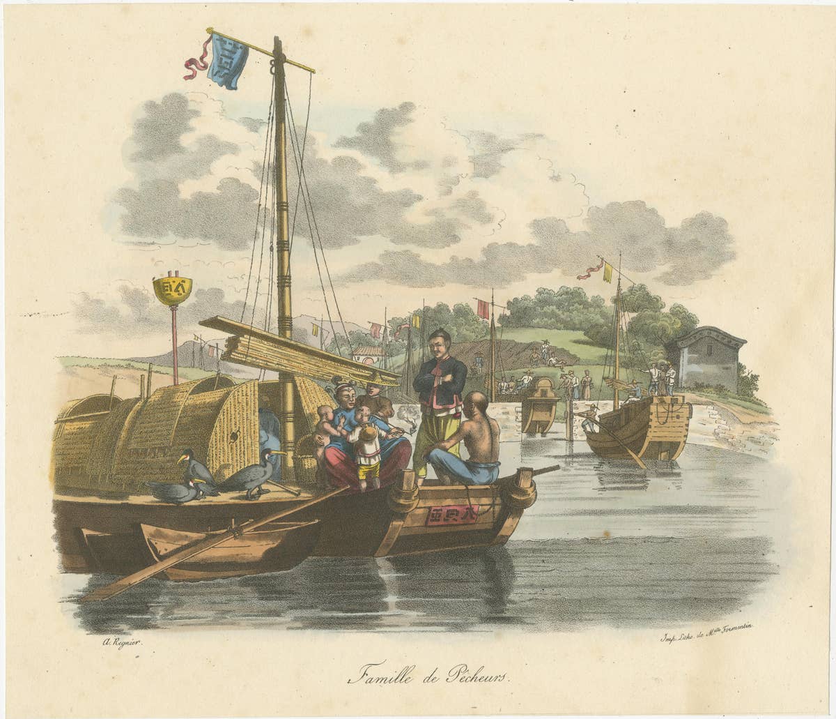 Antique Print of a Chinese Family of Fishermen