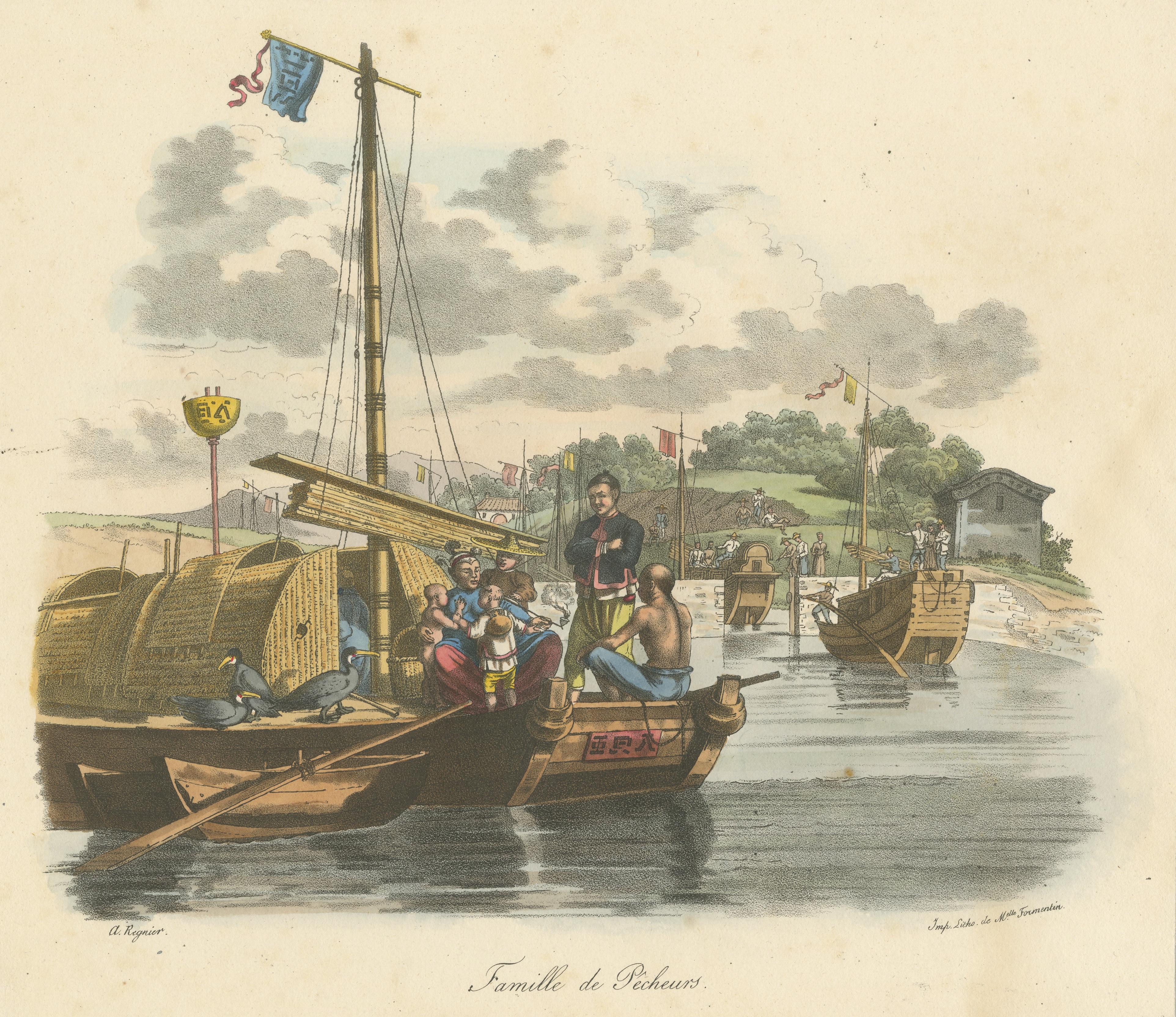 Antique Print of a Chinese Family of Fishermen In Fair Condition For Sale In Langweer, NL