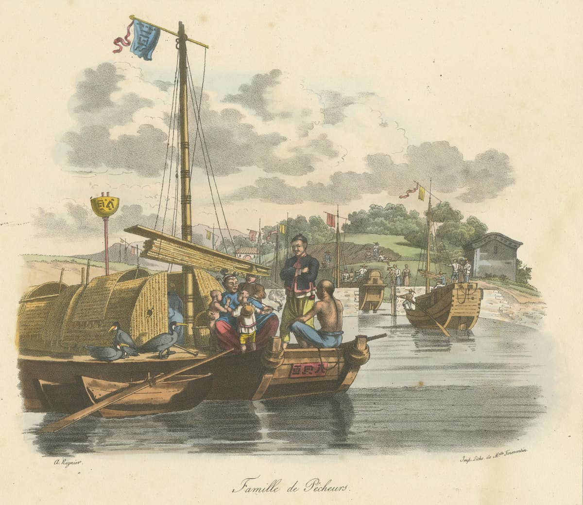 Antique Print of a Chinese Family of Fishermen
