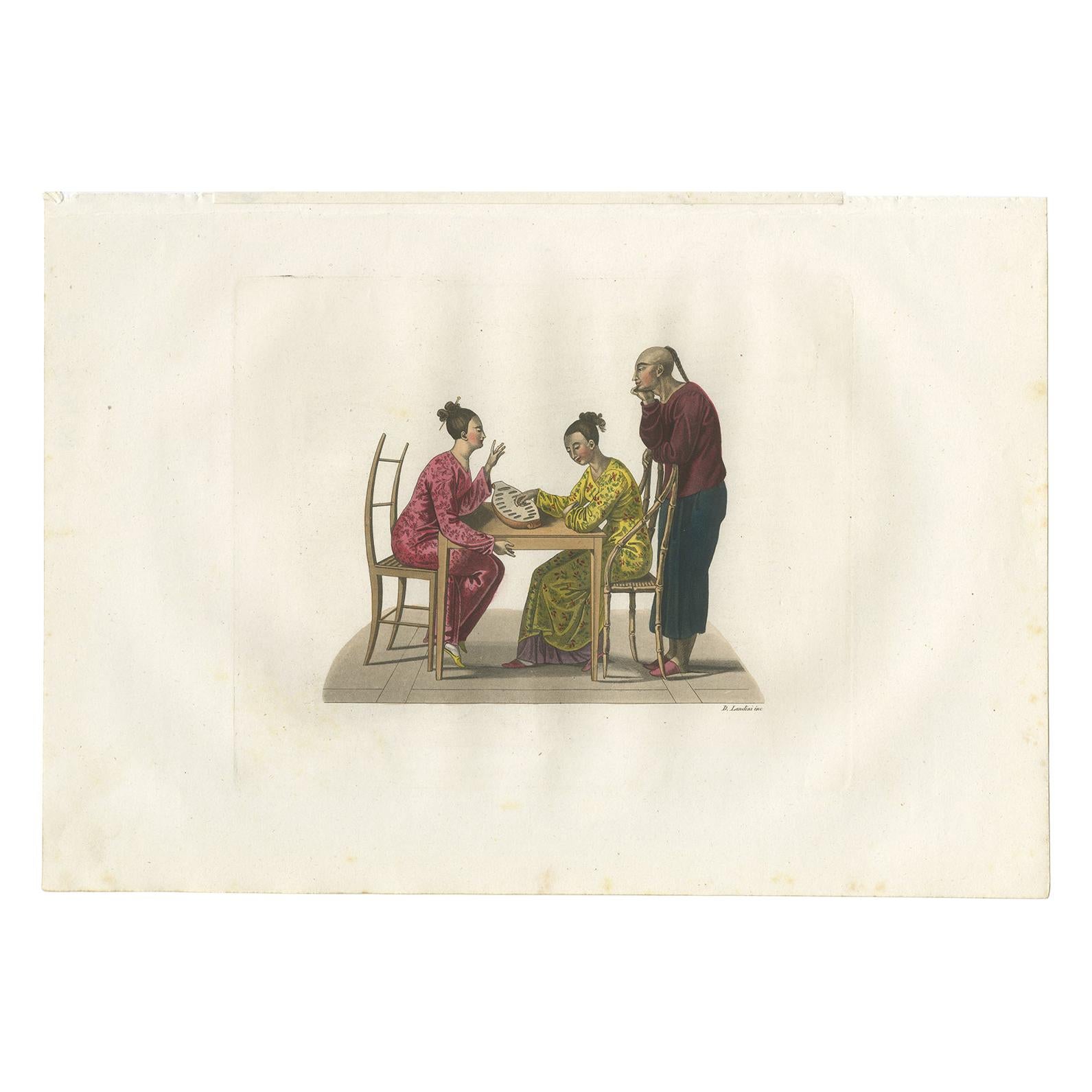 Antiker Druck einer chinesischen Familie, die ein Instrument spielt, von Ferrario '1831'
