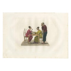 Antiker Druck einer chinesischen Familie, die ein Instrument spielt, von Ferrario '1831'