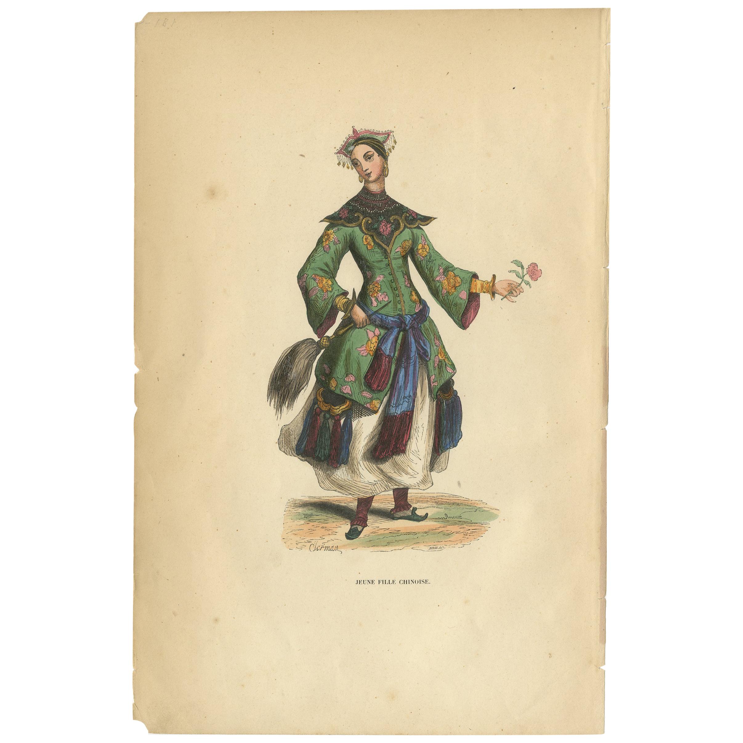 Antique Print of a Chinese Girl by Wahlen '1843'