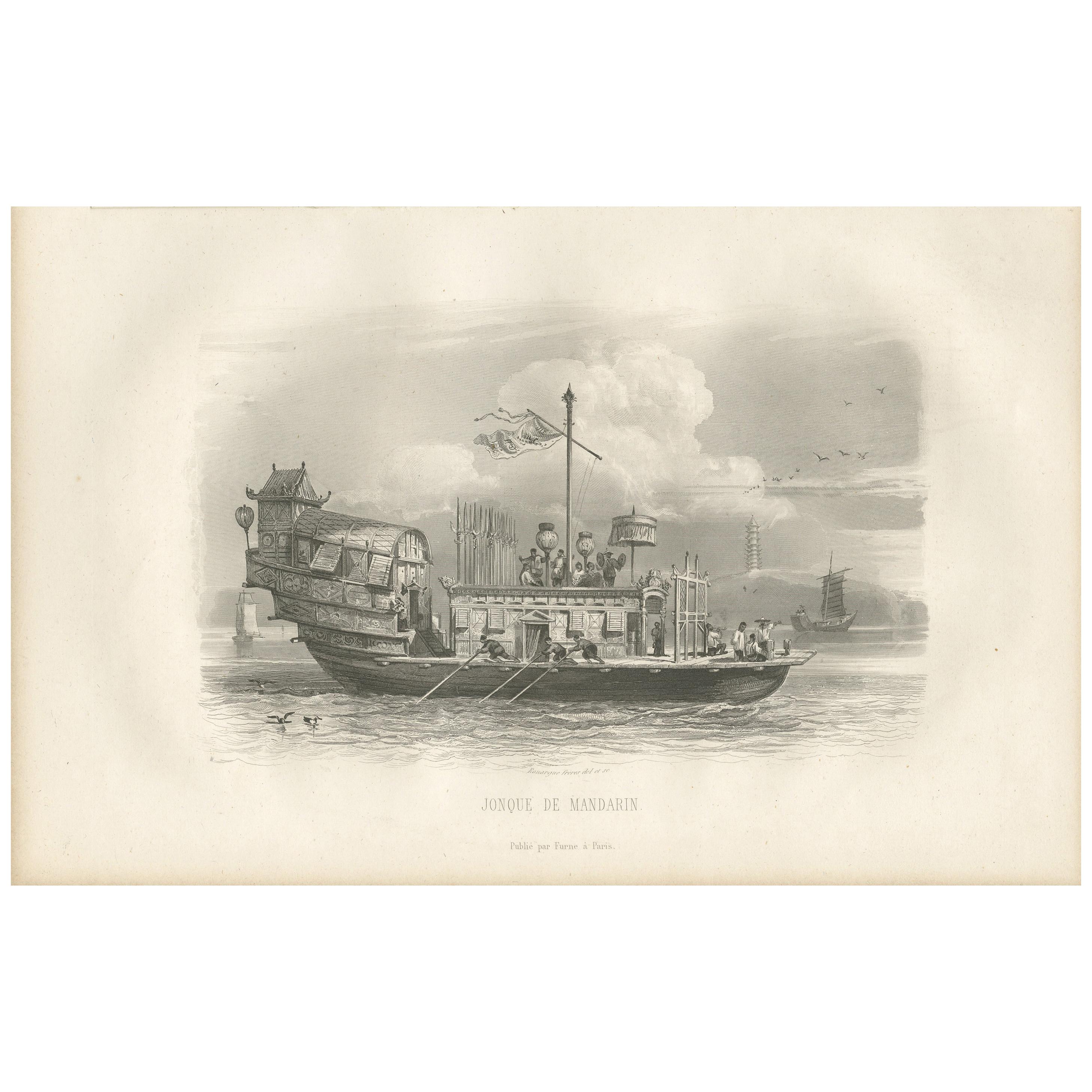 Antique Print of a Chinese Junk by D'Urville (1853)