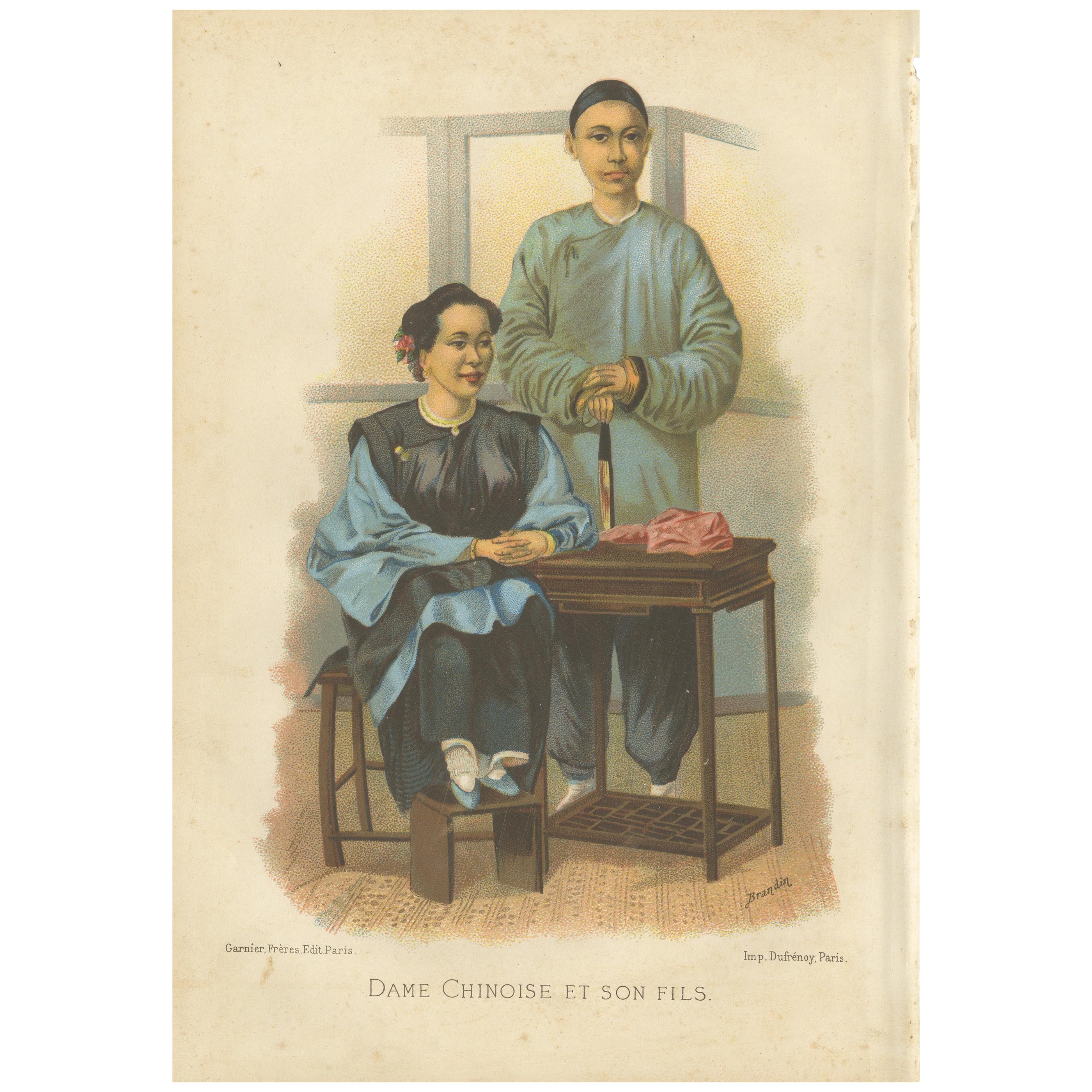 Antique Print of a Chinese Lady and her Son by Grégoire '1883'
