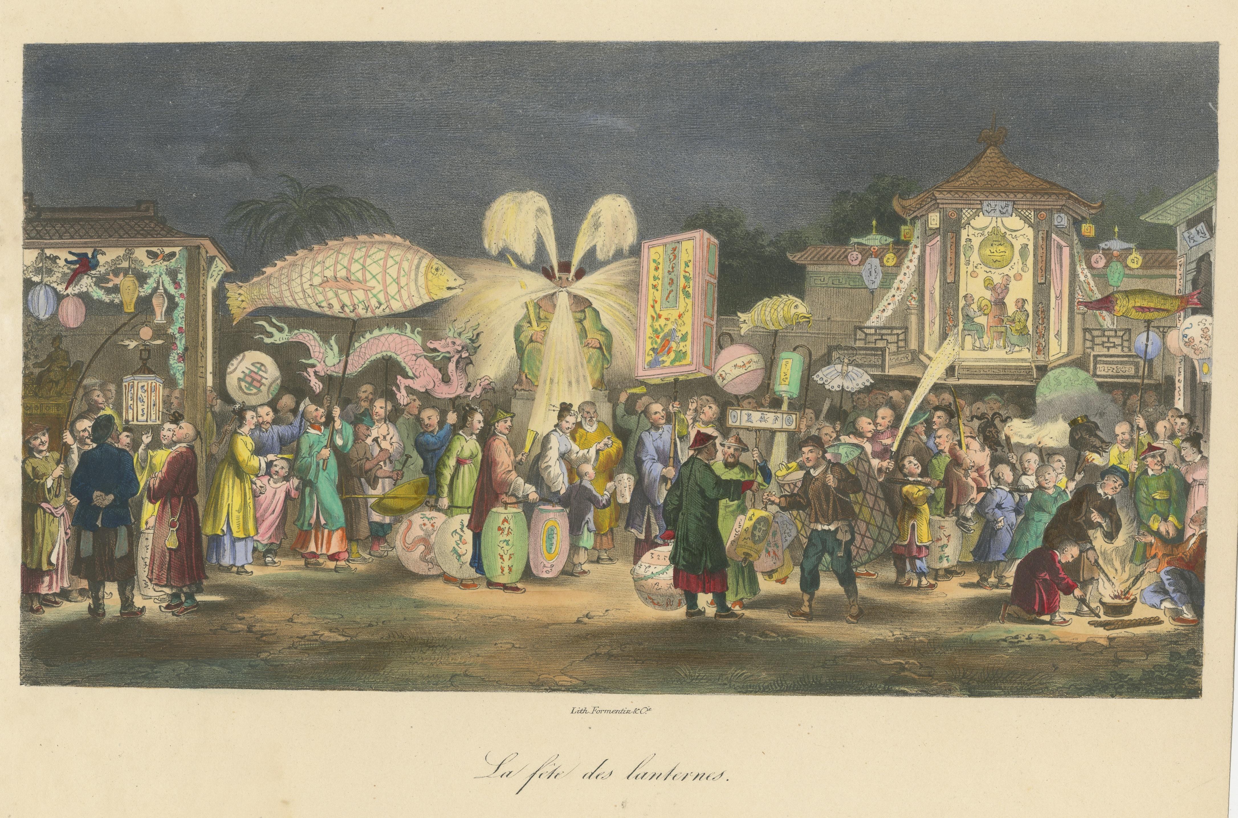 Antique Print of a Chinese Lantern Festival In Good Condition For Sale In Langweer, NL