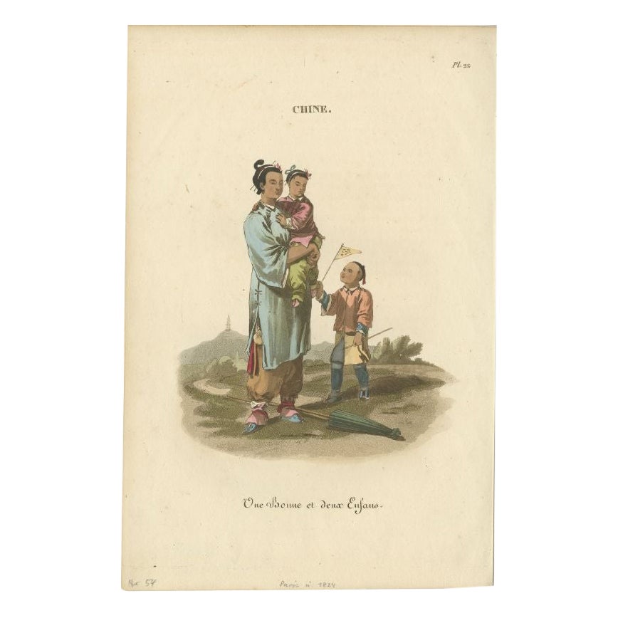 Impression ancienne d'une fille et de deux enfants chinoises, vers 1820 en vente