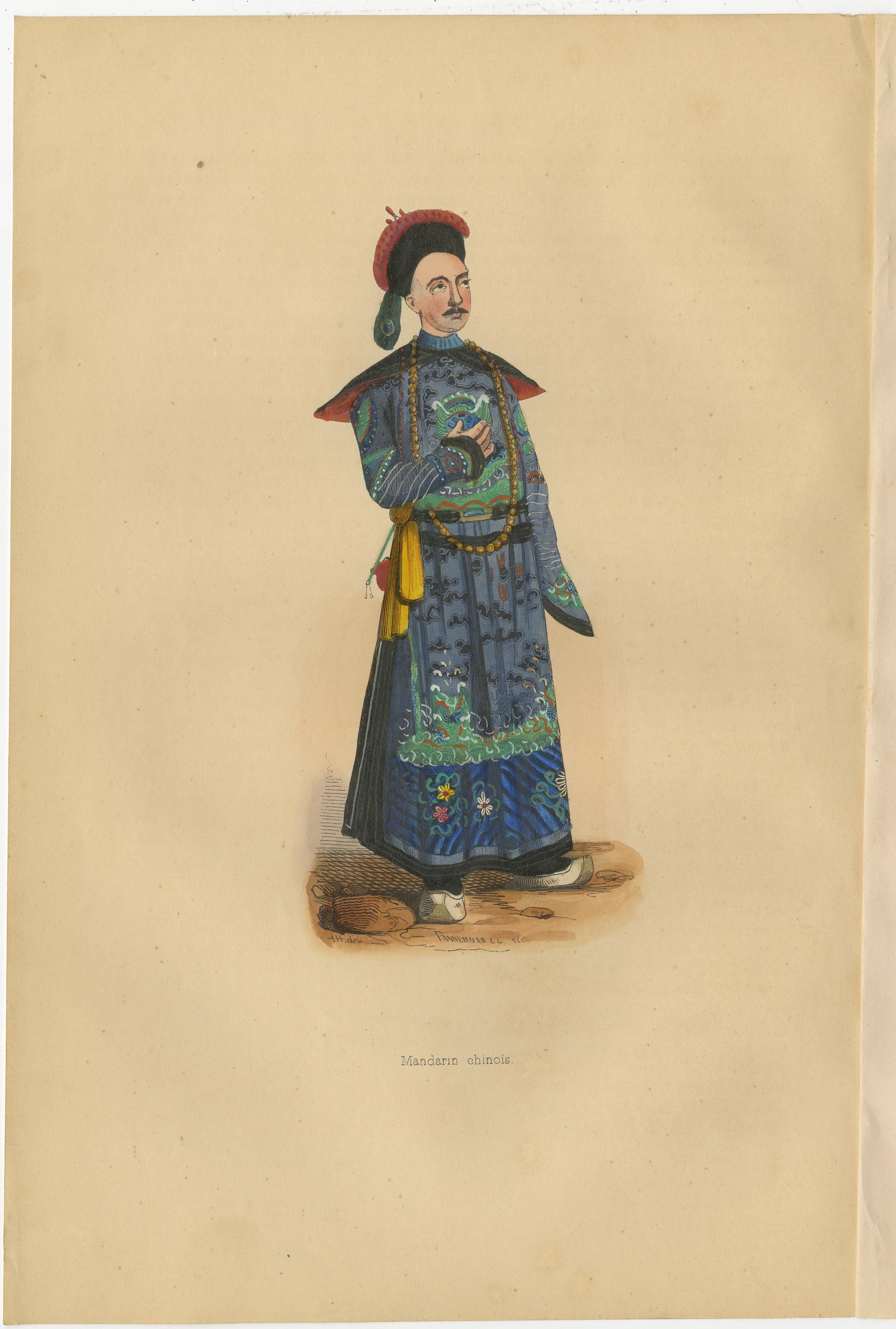 Antique costume print titled 'Mandarin Chinois'. Original antique print of a Chinese man (Mandarin). This print originates from 'Moeurs, usages et costumes de tous les peuples du monde' by Auguste Wahlen.