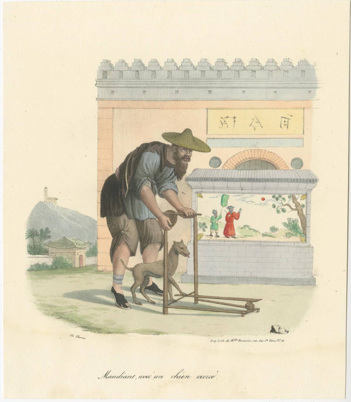 Antique Print of a Chinese Mendicant with His Dog