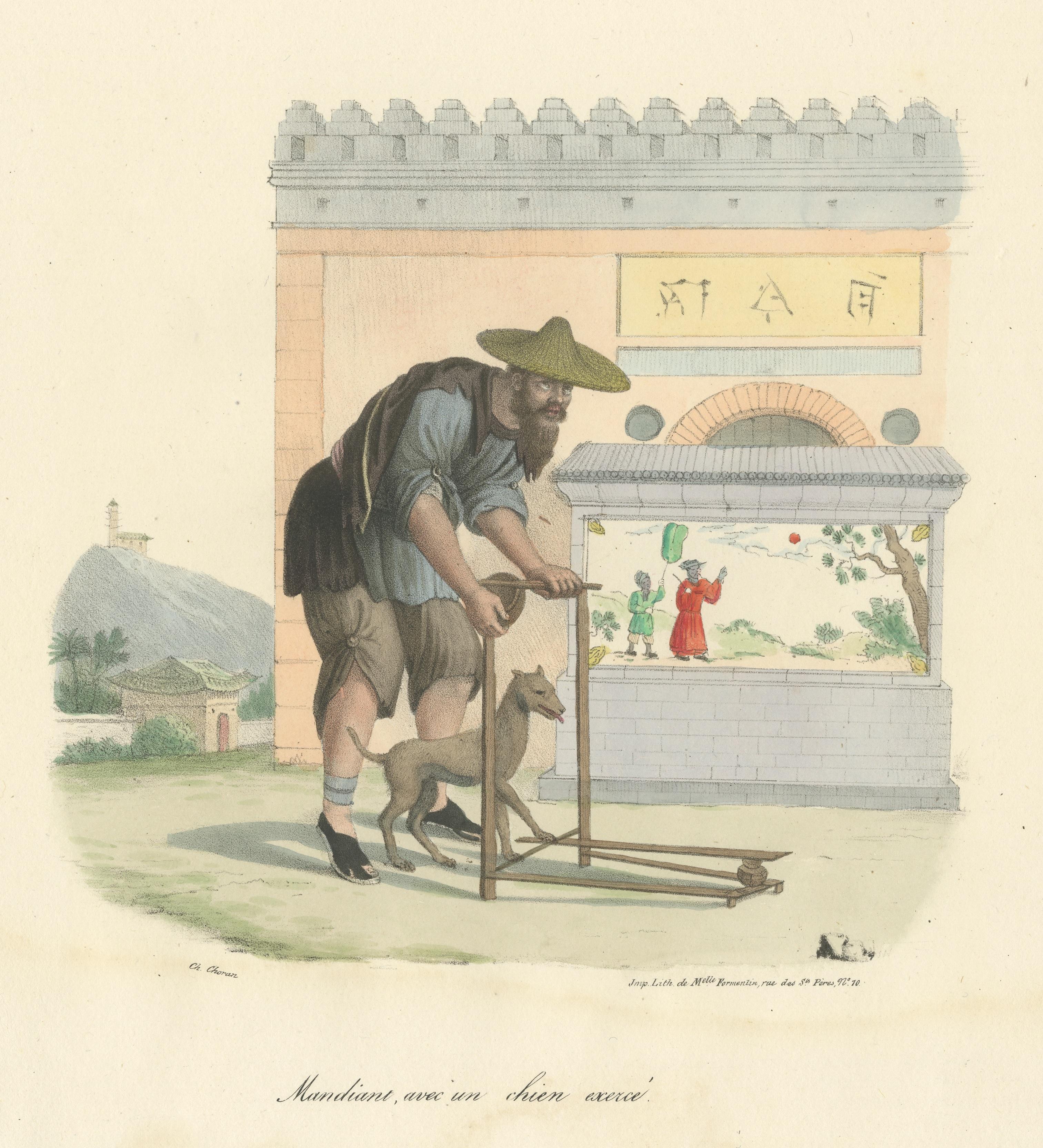 Antique Print of a Chinese Mendicant with His Dog In Good Condition For Sale In Langweer, NL