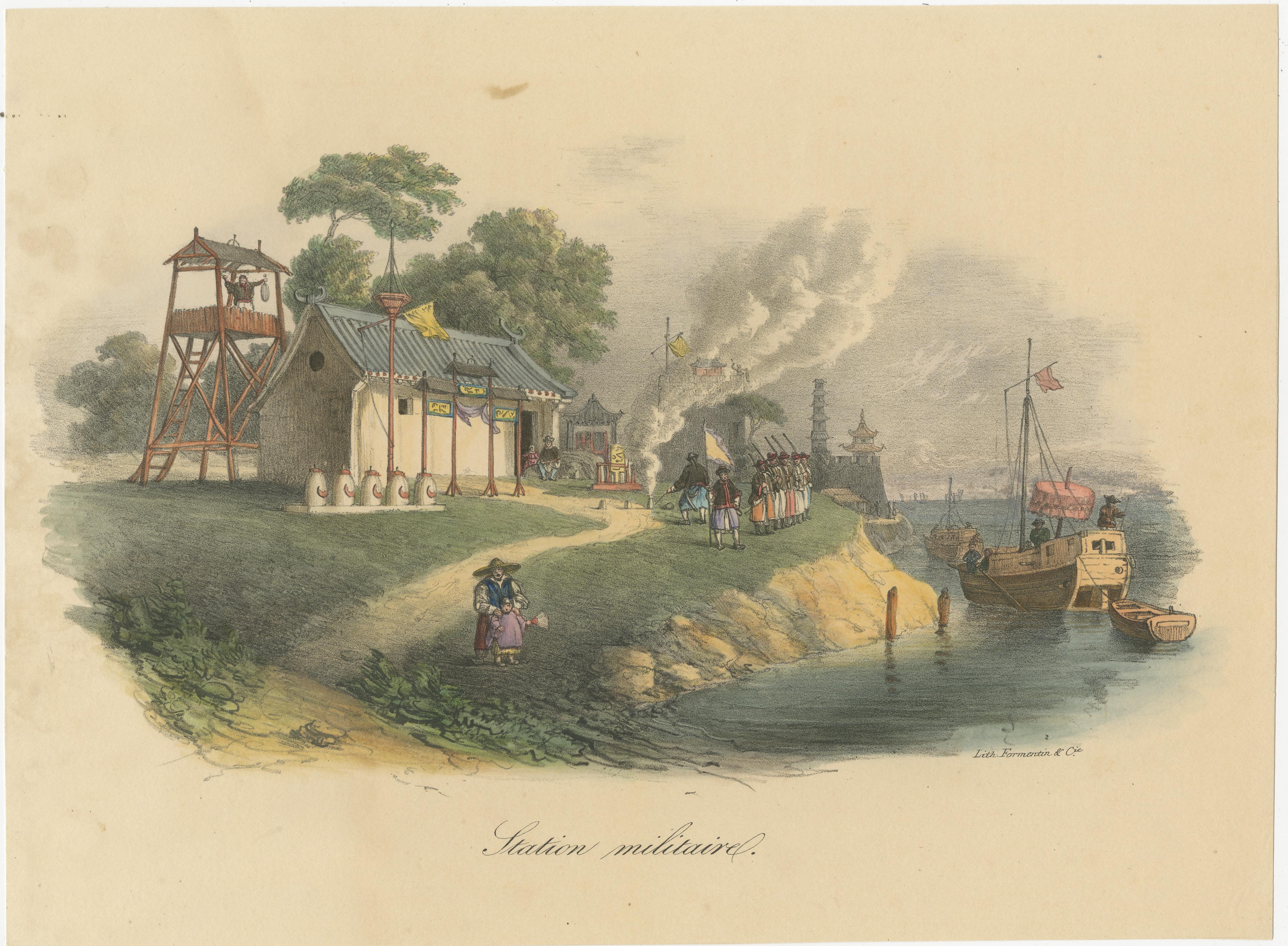 Antique print titled 'Station militaire'. Print of a Chinese military station. Published by Formentin & Cie, circa 1830.