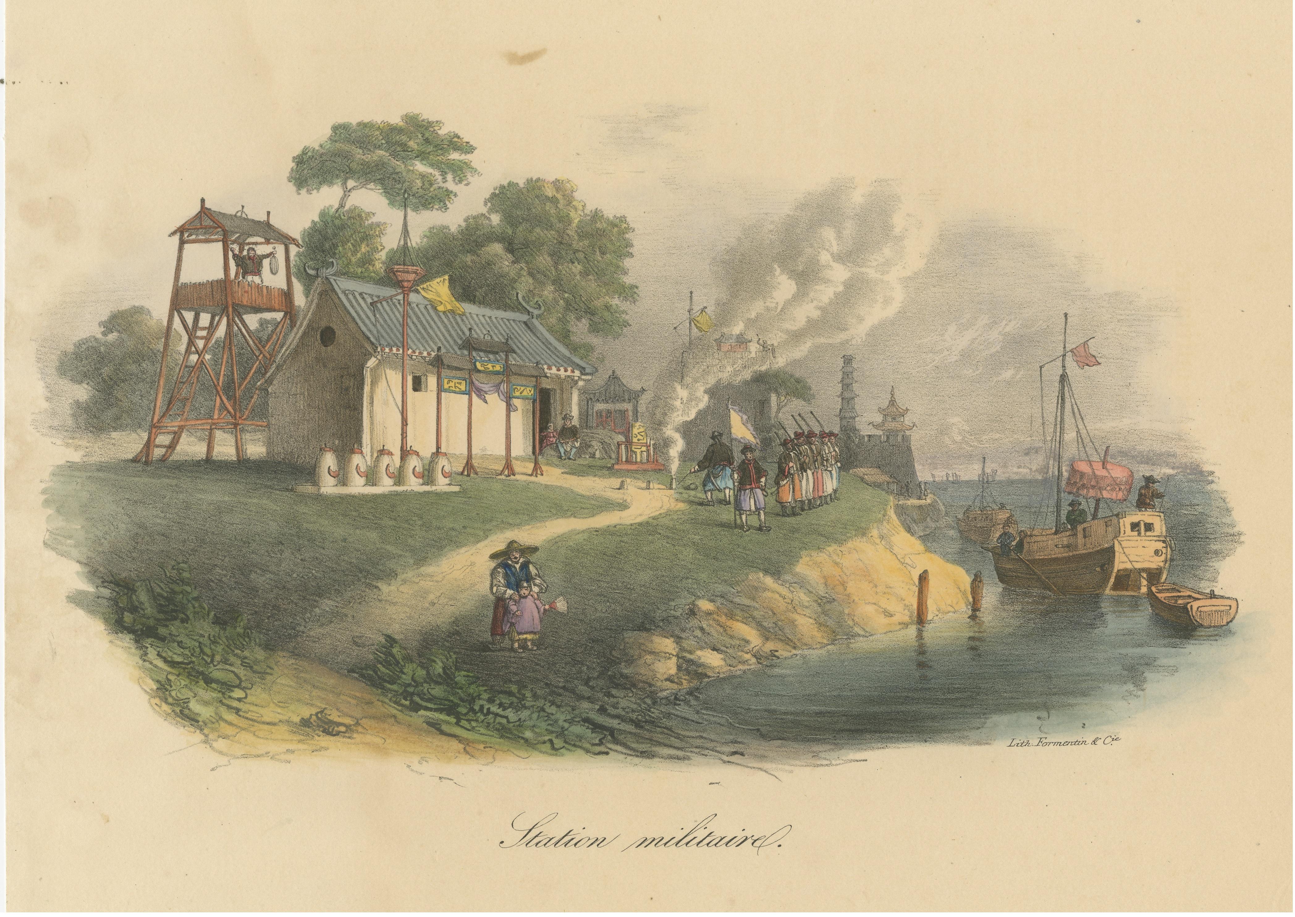 Antique Print of a Chinese Military Station In Fair Condition For Sale In Langweer, NL