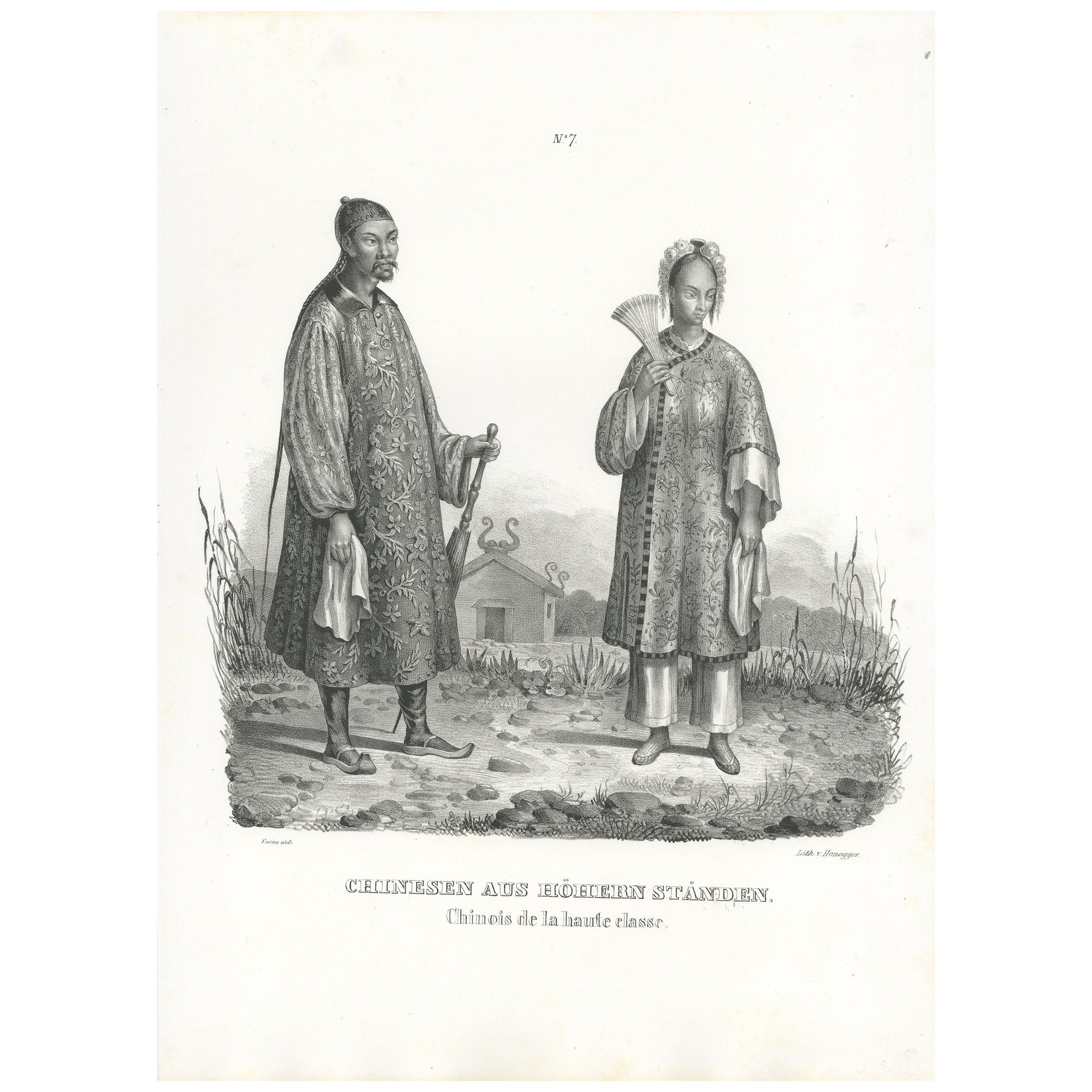 Antique Print of a Chinese Nobleman and Noblewoman by Honegger, 1845 For Sale