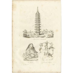 Antique Print of a Chinese Pagoda and Chinese Deities, 1834