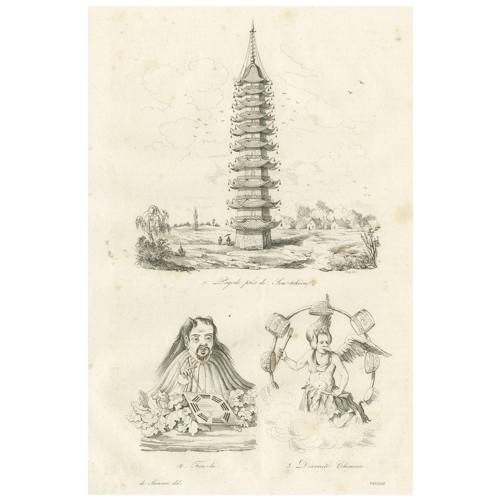 Antiker antiker Druck einer chinesischen Pagode und einer chinesischen Gottheit, 1834